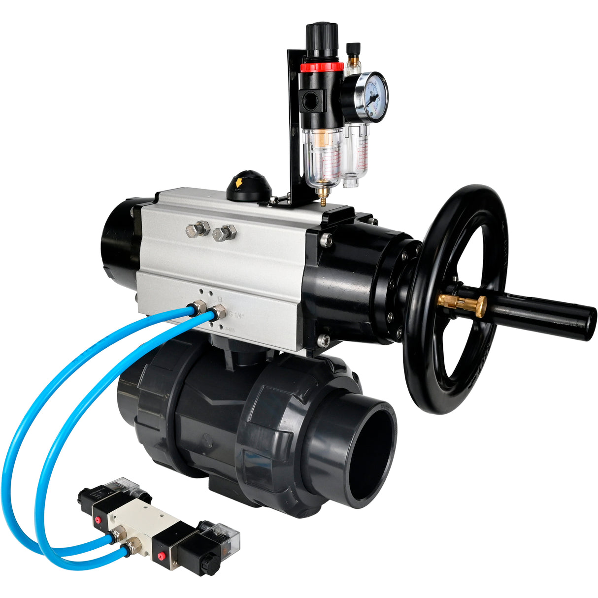 Ball valves Elephant BV4242E-FP-GRM-ISO, body material - UPVC, ball material - UPVC, seal - EPDM, with pneumatic actuator double action PA-DA-105-1, pneumatic distributor 4V320-10 220V and ATU AFC2000