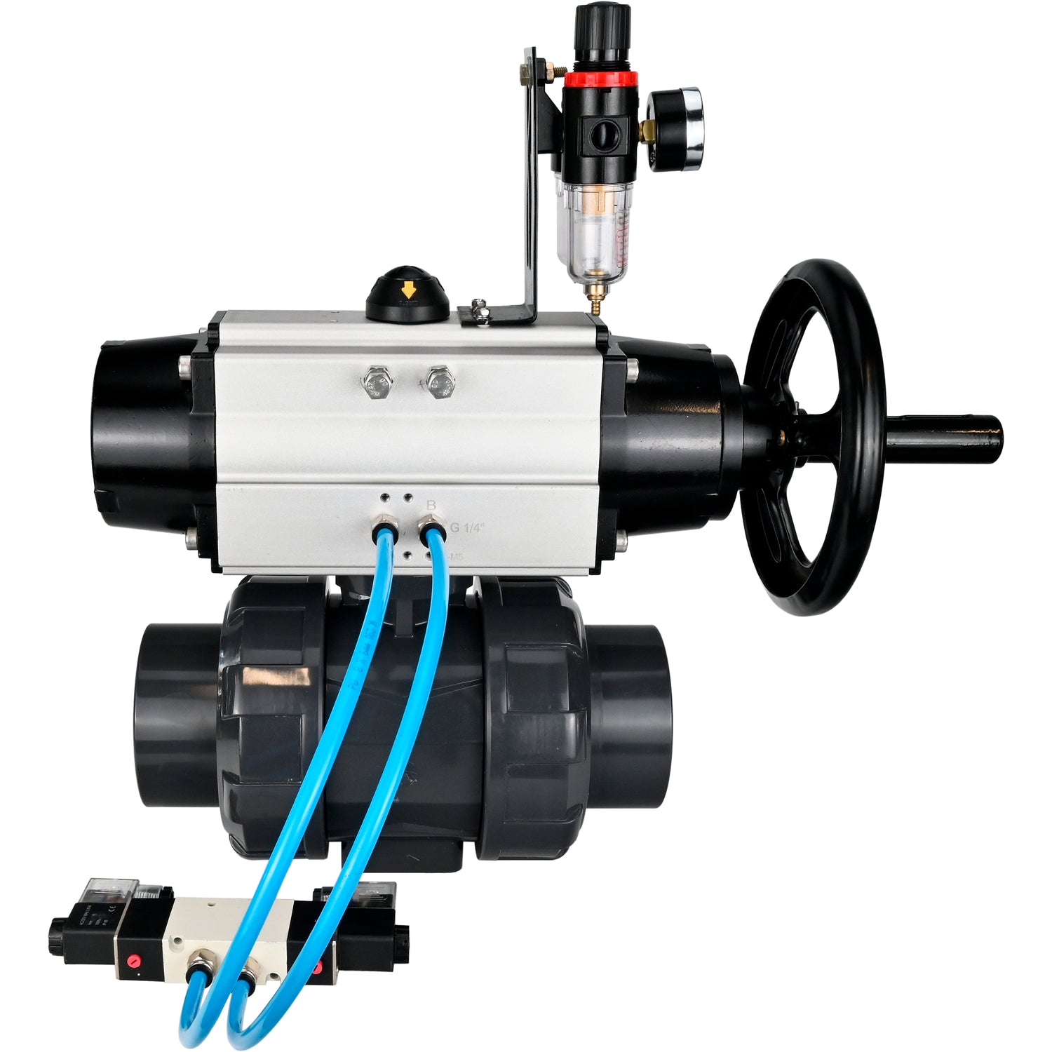 Ball valves Elephant BV4242E-FP-GRM-ISO, body material - UPVC, ball material - UPVC, seal - EPDM, with pneumatic actuator double action PA-DA-105-1, pneumatic distributor 4V320-10 220V and ATU AFC2000
