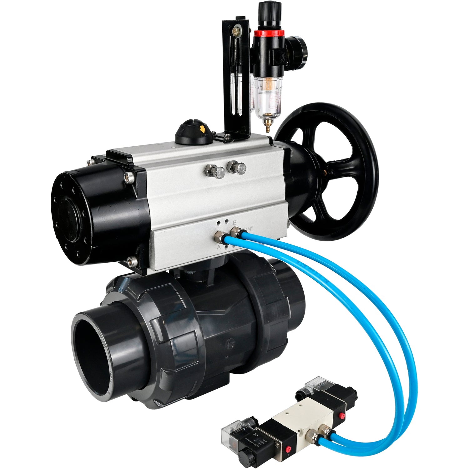 Ball valves Elephant BV4242E-FP-GRM-ISO, body material - UPVC, ball material - UPVC, seal - EPDM, with pneumatic actuator double action PA-DA-105-1, pneumatic distributor 4V320-10 220V and ATU AFC2000