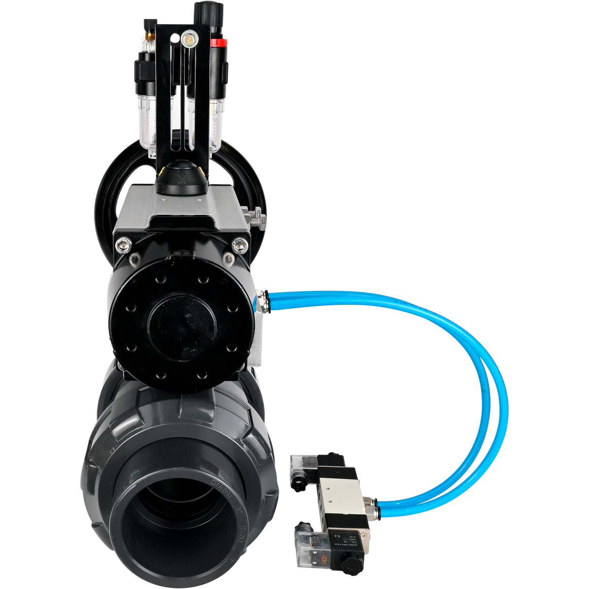 Ball valves Elephant BV4242E-FP-GRM-ISO, body material - UPVC, ball material - UPVC, seal - EPDM, with pneumatic actuator double action PA-DA-105-1, pneumatic distributor 4V320-10 220V and ATU AFC2000