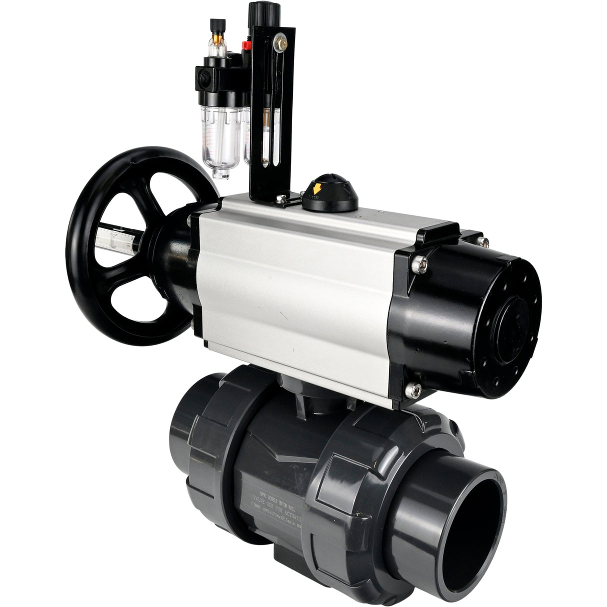 Ball valves Elephant BV4242E-FP-GRM-ISO, body material - UPVC, ball material - UPVC, seal - EPDM, with pneumatic actuator double action PA-DA-105-1, pneumatic distributor 4V320-10 220V and ATU AFC2000