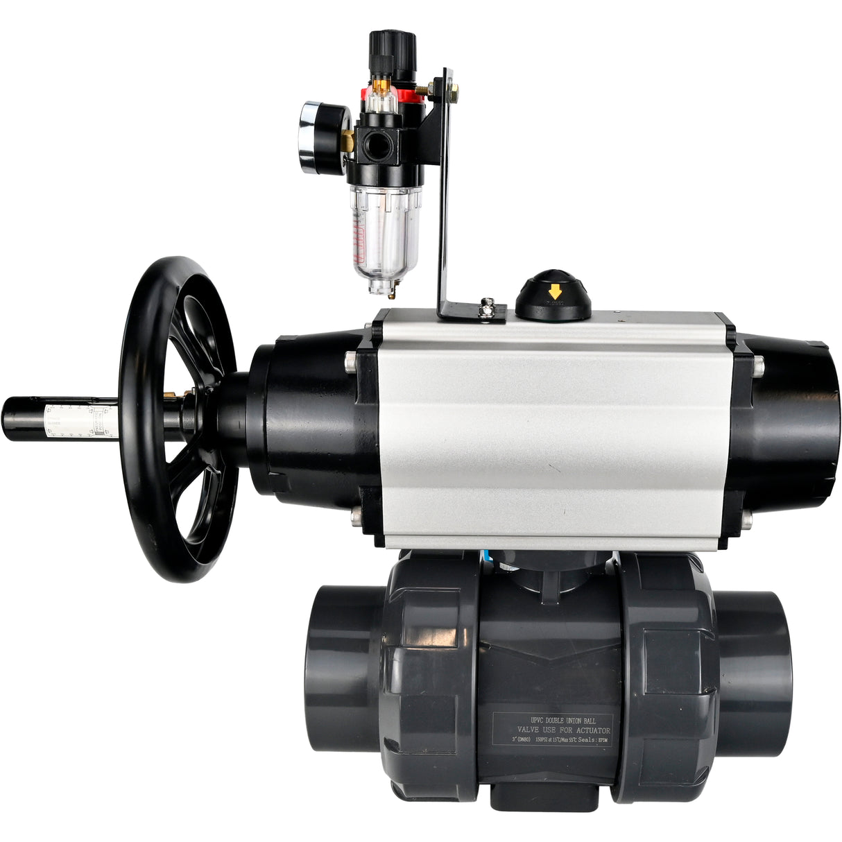 Ball valves Elephant BV4242E-FP-GRM-ISO, body material - UPVC, ball material - UPVC, seal - EPDM, with pneumatic actuator double action PA-DA-105-1, pneumatic distributor 4V320-10 220V and ATU AFC2000