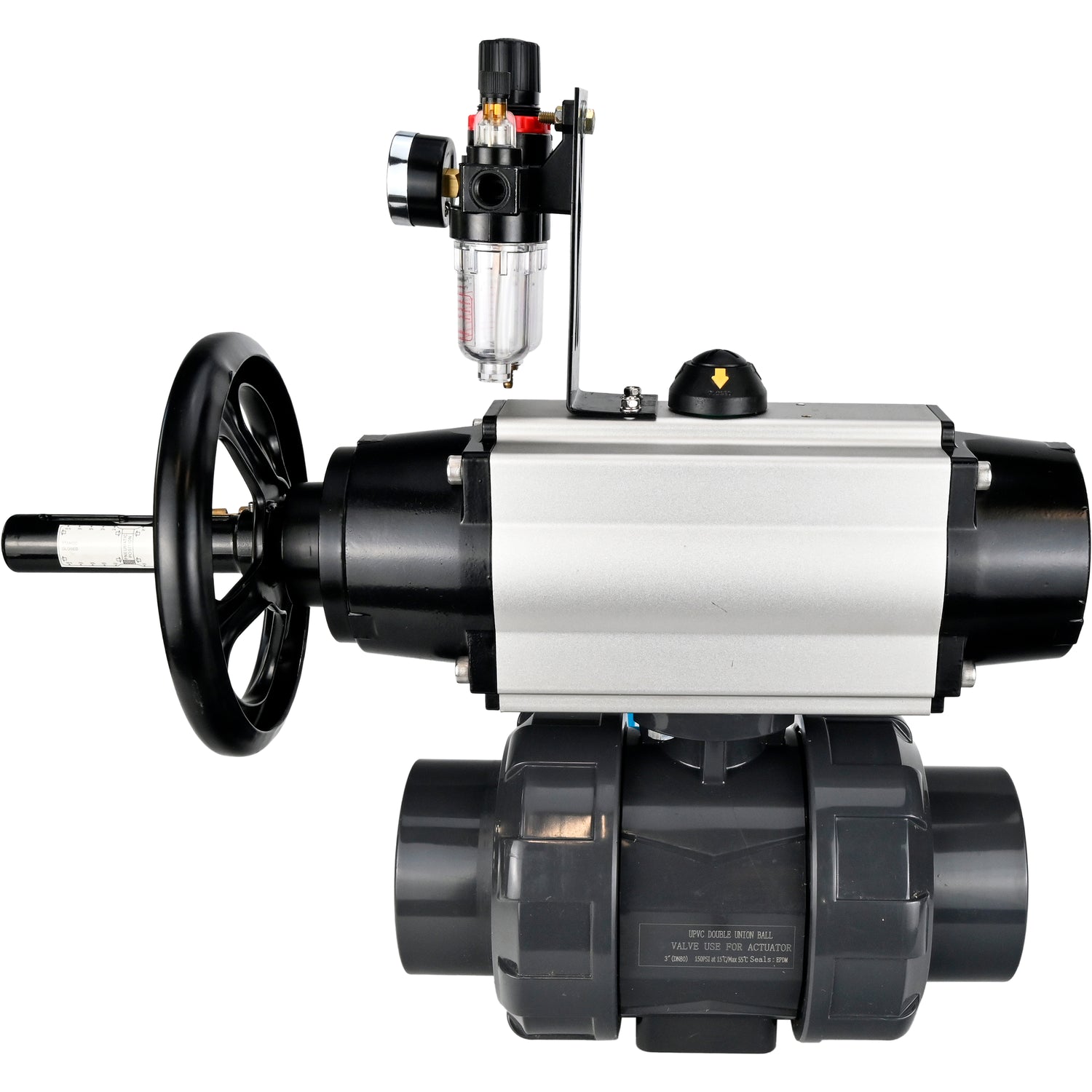 Ball valves Elephant BV4242E-FP-GRM-ISO, body material - UPVC, ball material - UPVC, seal - EPDM, with pneumatic actuator double action PA-DA-105-1, pneumatic distributor 4V320-10 220V and ATU AFC2000