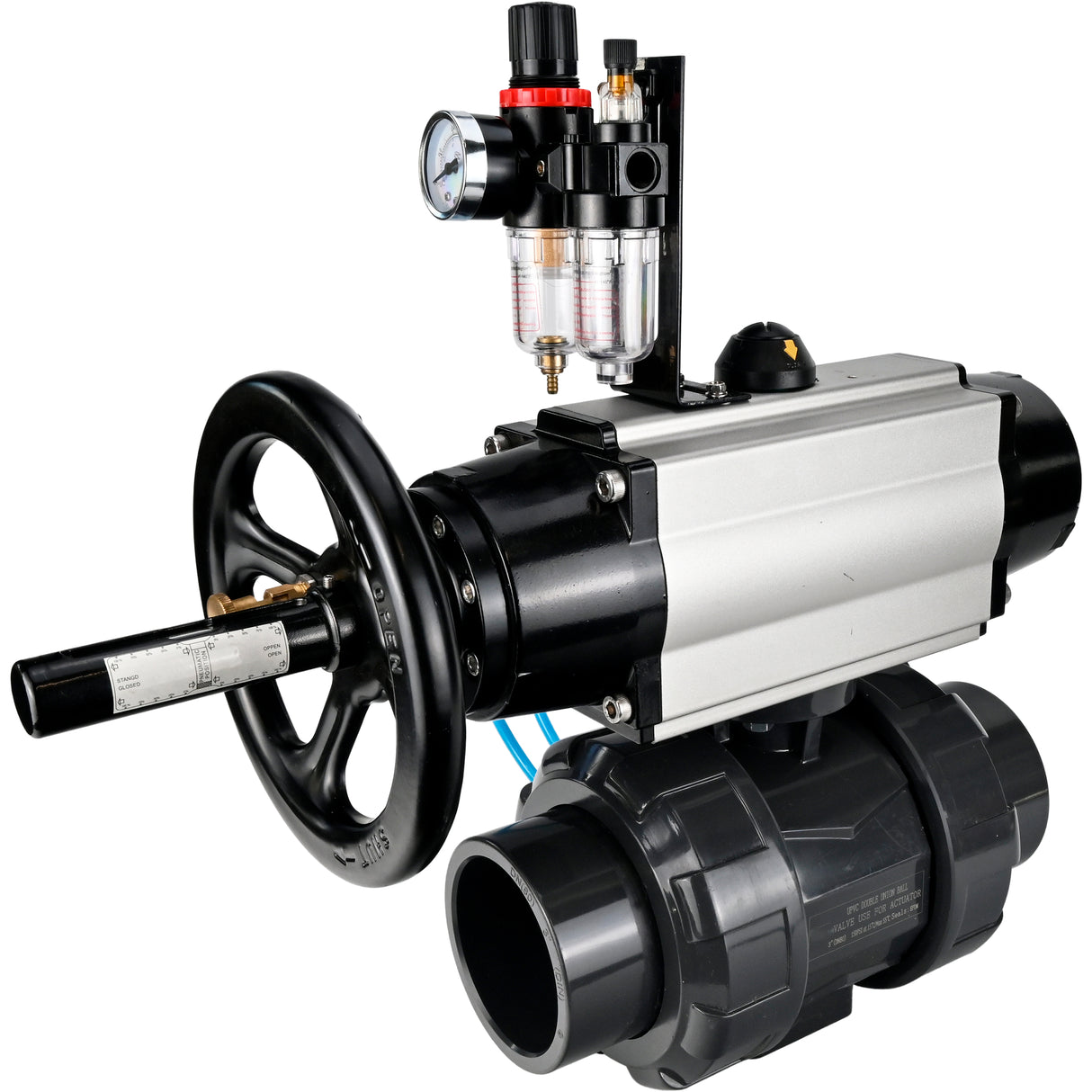 Ball valves Elephant BV4242E-FP-GRM-ISO, body material - UPVC, ball material - UPVC, seal - EPDM, with pneumatic actuator double action PA-DA-105-1, pneumatic distributor 4V320-10 220V and ATU AFC2000