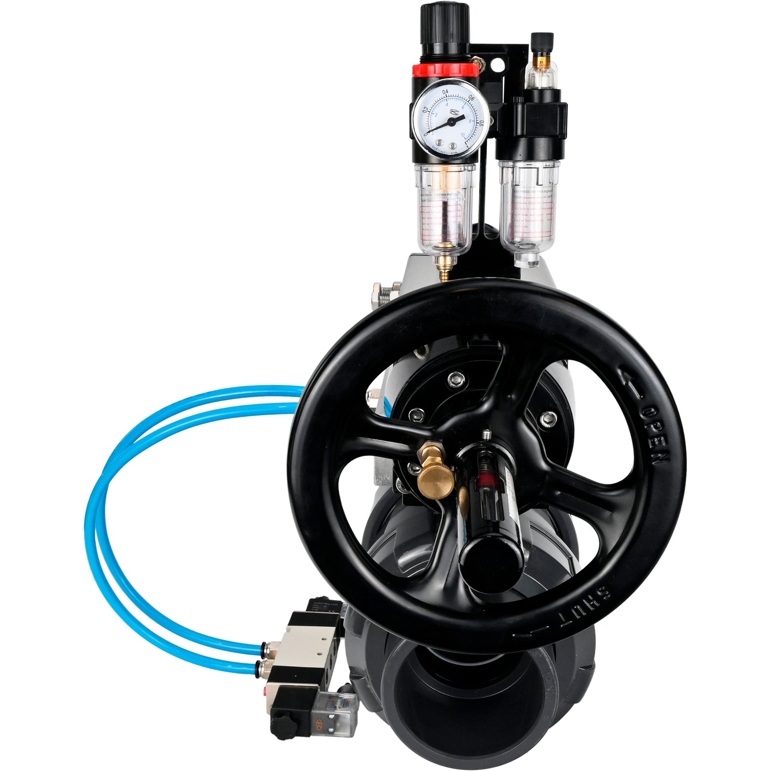 Ball valves Elephant BV4242E-FP-GRM-ISO, body material - UPVC, ball material - UPVC, seal - EPDM, with pneumatic actuator double action PA-DA-105-1, pneumatic distributor 4V320-10 220V and ATU AFC2000