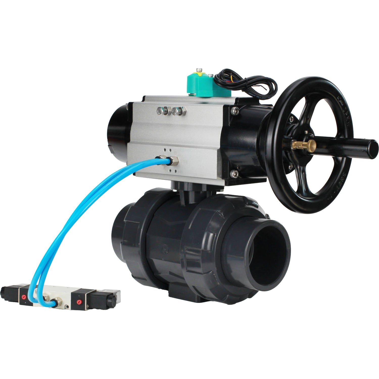 Ball valves Elephant BV4242E-FP-GRM-ISO, body material - UPVC, ball material - UPVC, seal - EPDM, with pneumatic actuator double action PA-DA-105-1, pneumatic distributor 4V320-10 220V and magnetic switch ALS200D