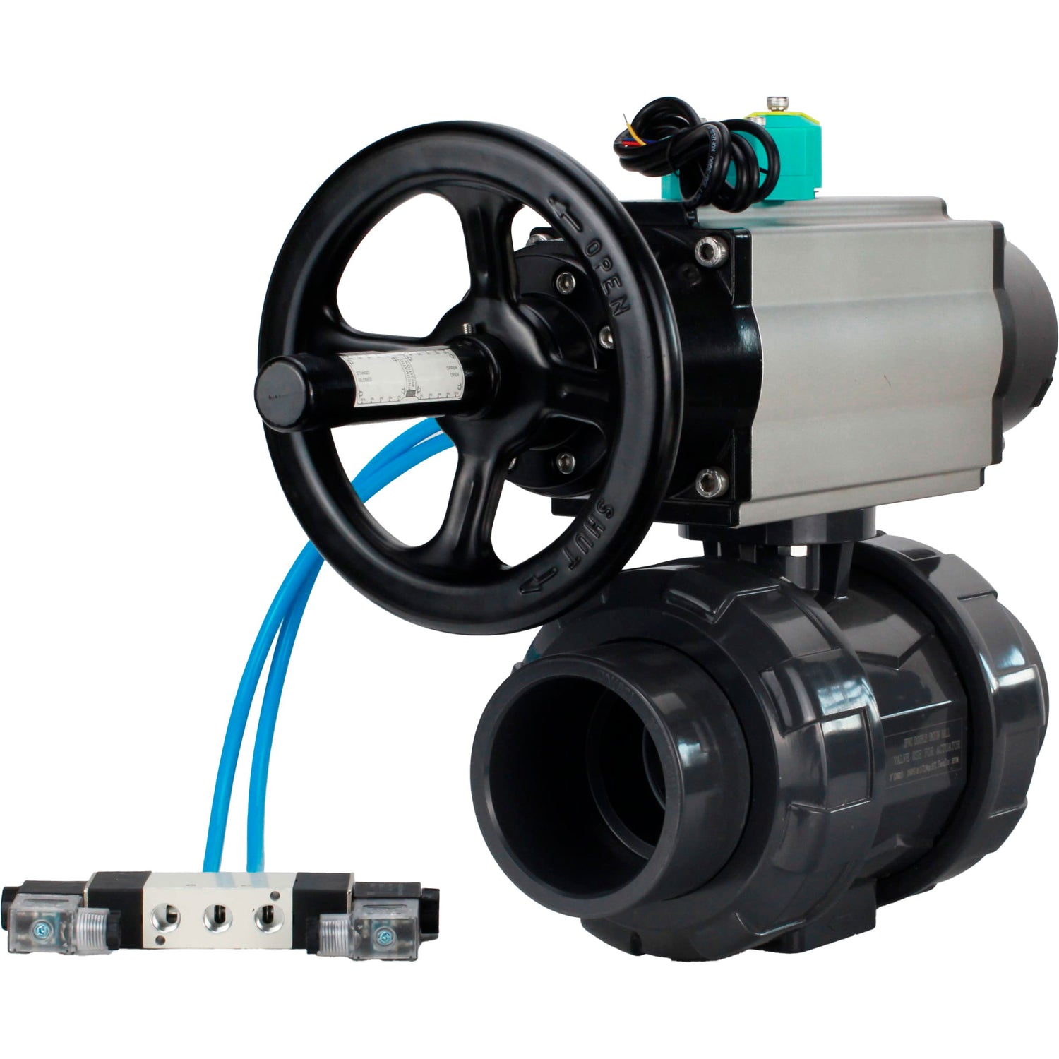 Ball valves Elephant BV4242E-FP-GRM-ISO, body material - UPVC, ball material - UPVC, seal - EPDM, with pneumatic actuator double action PA-DA-105-1, pneumatic distributor 4V320-10 220V and magnetic switch ALS200D