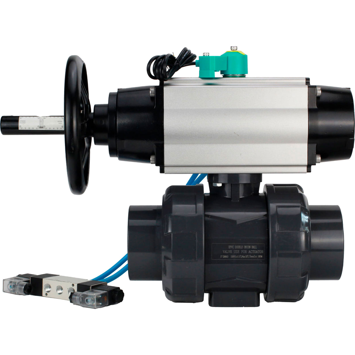 Ball valves Elephant BV4242E-FP-GRM-ISO, body material - UPVC, ball material - UPVC, seal - EPDM, with pneumatic actuator double action PA-DA-105-1, pneumatic distributor 4V320-10 220V and magnetic switch ALS200D