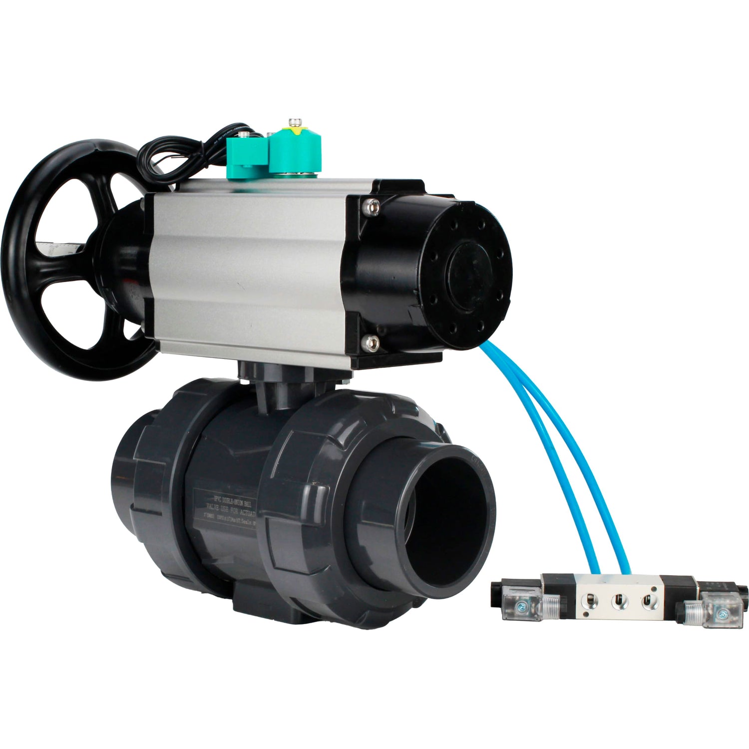 Ball valves Elephant BV4242E-FP-GRM-ISO, body material - UPVC, ball material - UPVC, seal - EPDM, with pneumatic actuator double action PA-DA-105-1, pneumatic distributor 4V320-10 220V and magnetic switch ALS200D