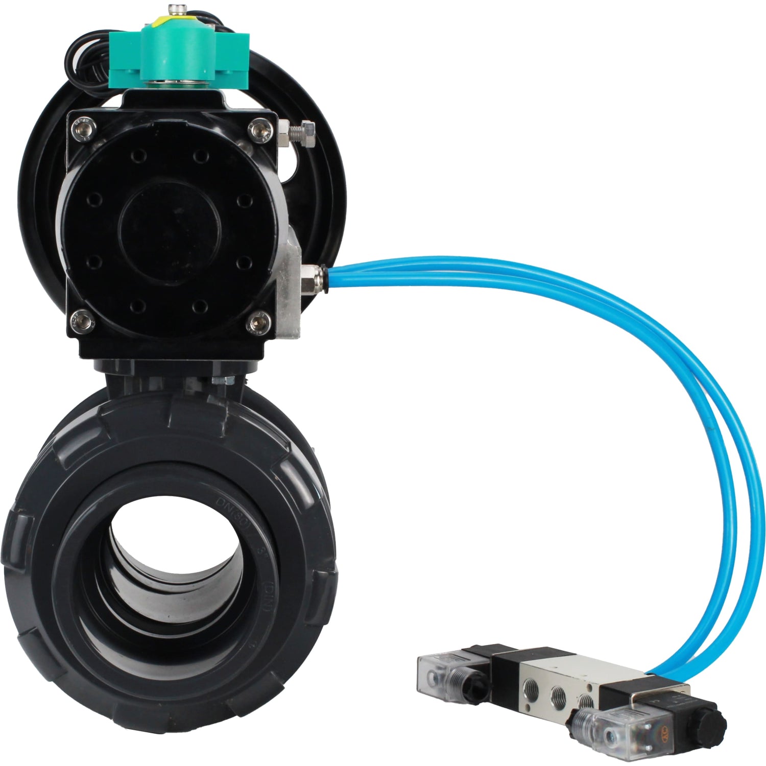 Ball valves Elephant BV4242E-FP-GRM-ISO, body material - UPVC, ball material - UPVC, seal - EPDM, with pneumatic actuator double action PA-DA-105-1, pneumatic distributor 4V320-10 220V and magnetic switch ALS200D