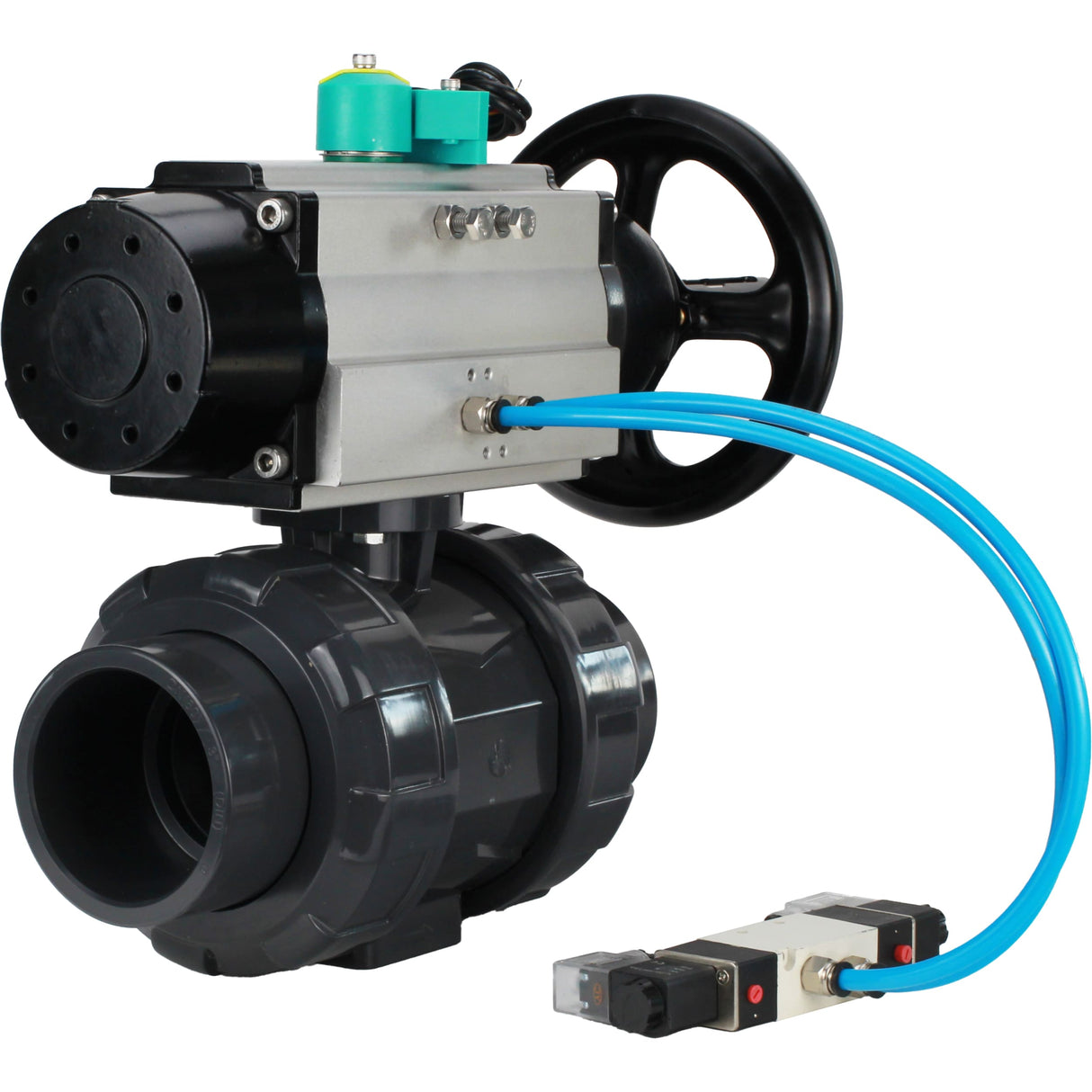 Ball valves Elephant BV4242E-FP-GRM-ISO, body material - UPVC, ball material - UPVC, seal - EPDM, with pneumatic actuator double action PA-DA-105-1, pneumatic distributor 4V320-10 220V and magnetic switch ALS200D