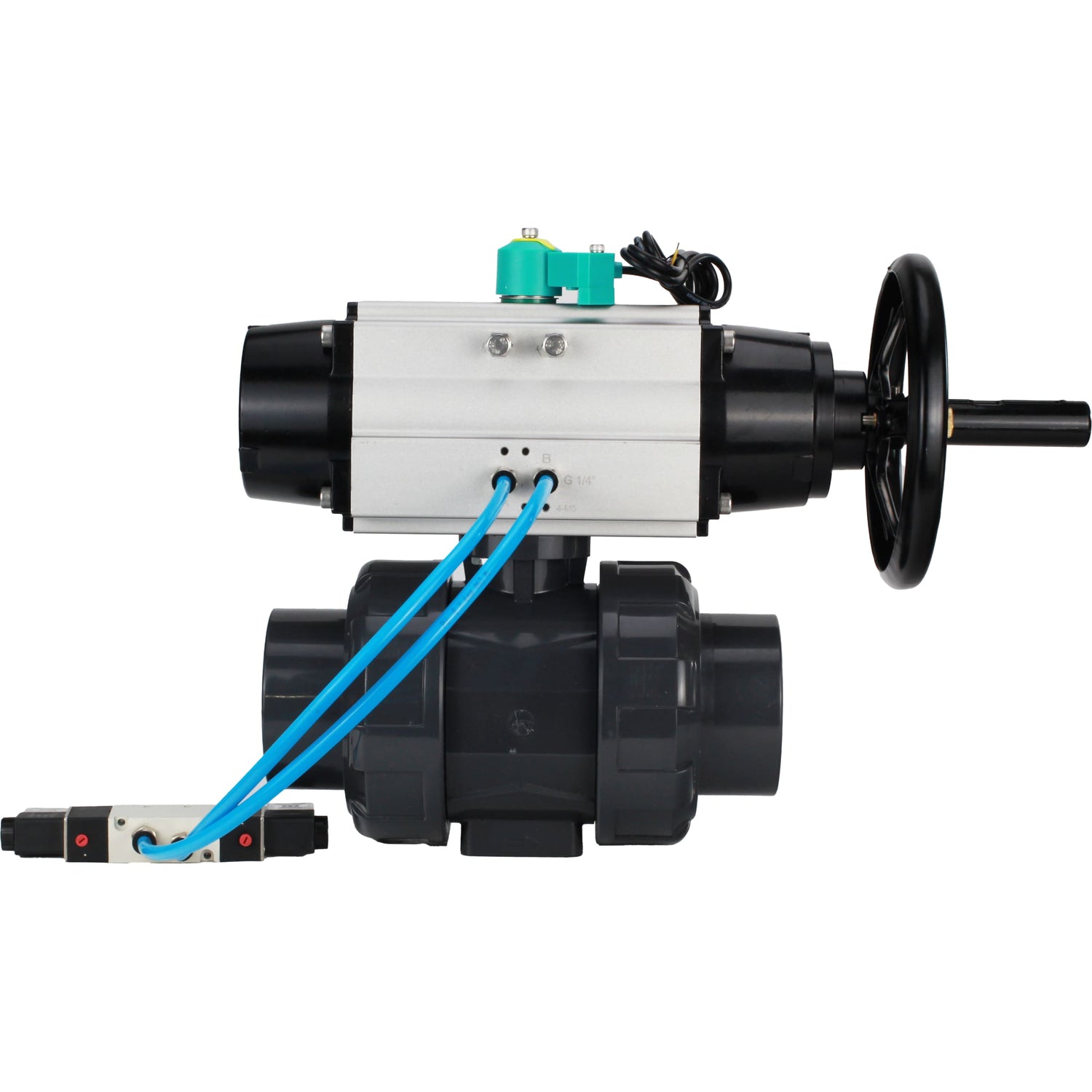 Ball valves Elephant BV4242E-FP-GRM-ISO, body material - UPVC, ball material - UPVC, seal - EPDM, with pneumatic actuator double action PA-DA-105-1, pneumatic distributor 4V320-10 220V and magnetic switch ALS200D