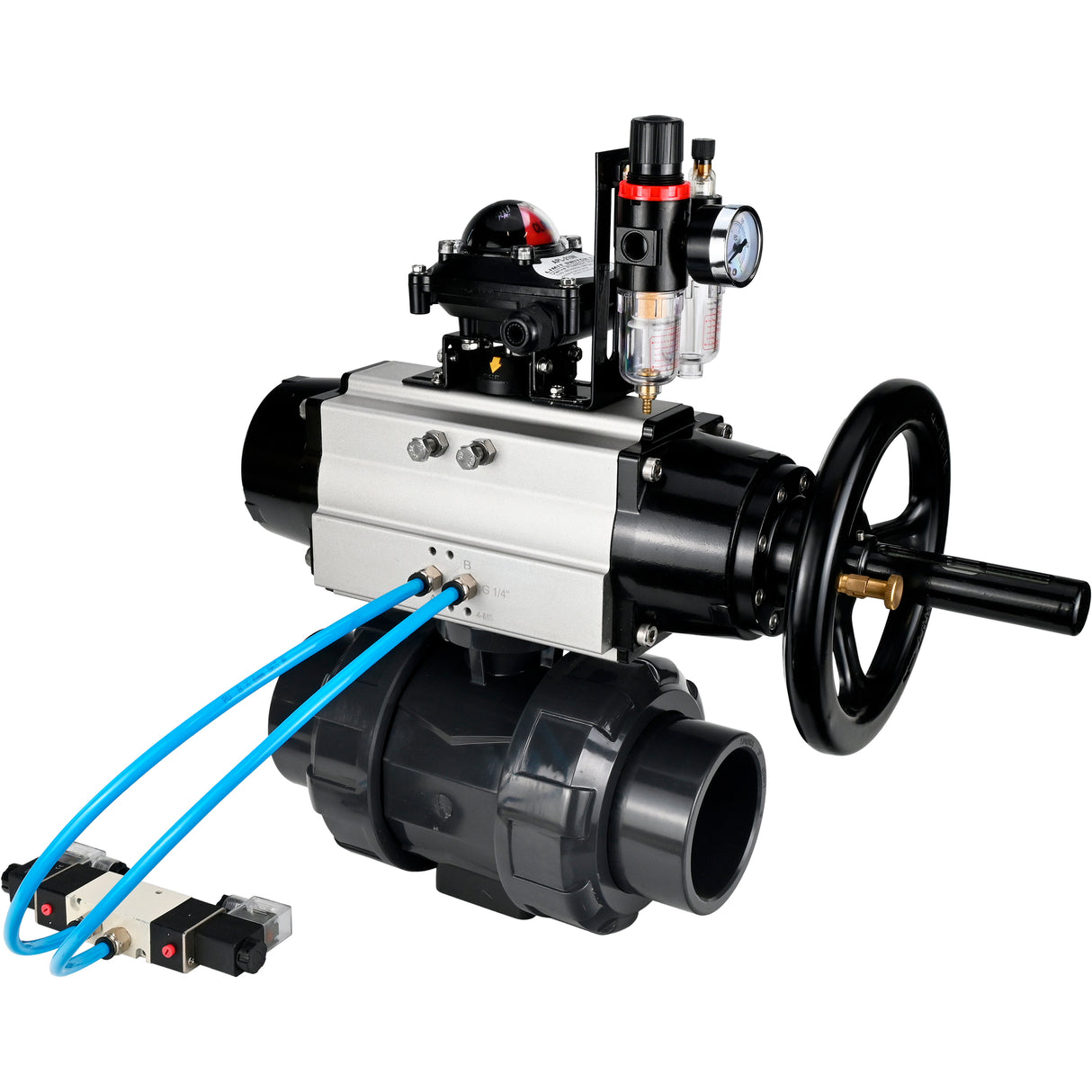 Ball valves Elephant BV4242E-FP-GRM-ISO, body material - UPVC, ball material - UPVC, seal - EPDM, with pneumatic actuator double action PA-DA-105-1, pneumatic distributor 4V320-10 220V, LSU APL-210N and ATU AFC2000