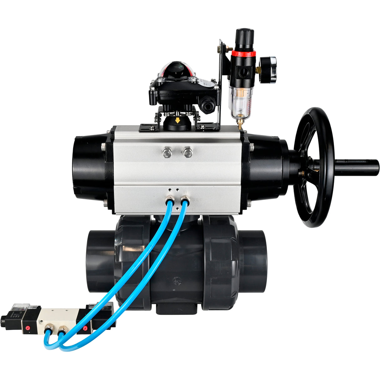 Ball valves Elephant BV4242E-FP-GRM-ISO, body material - UPVC, ball material - UPVC, seal - EPDM, with pneumatic actuator double action PA-DA-105-1, pneumatic distributor 4V320-10 220V, LSU APL-210N and ATU AFC2000