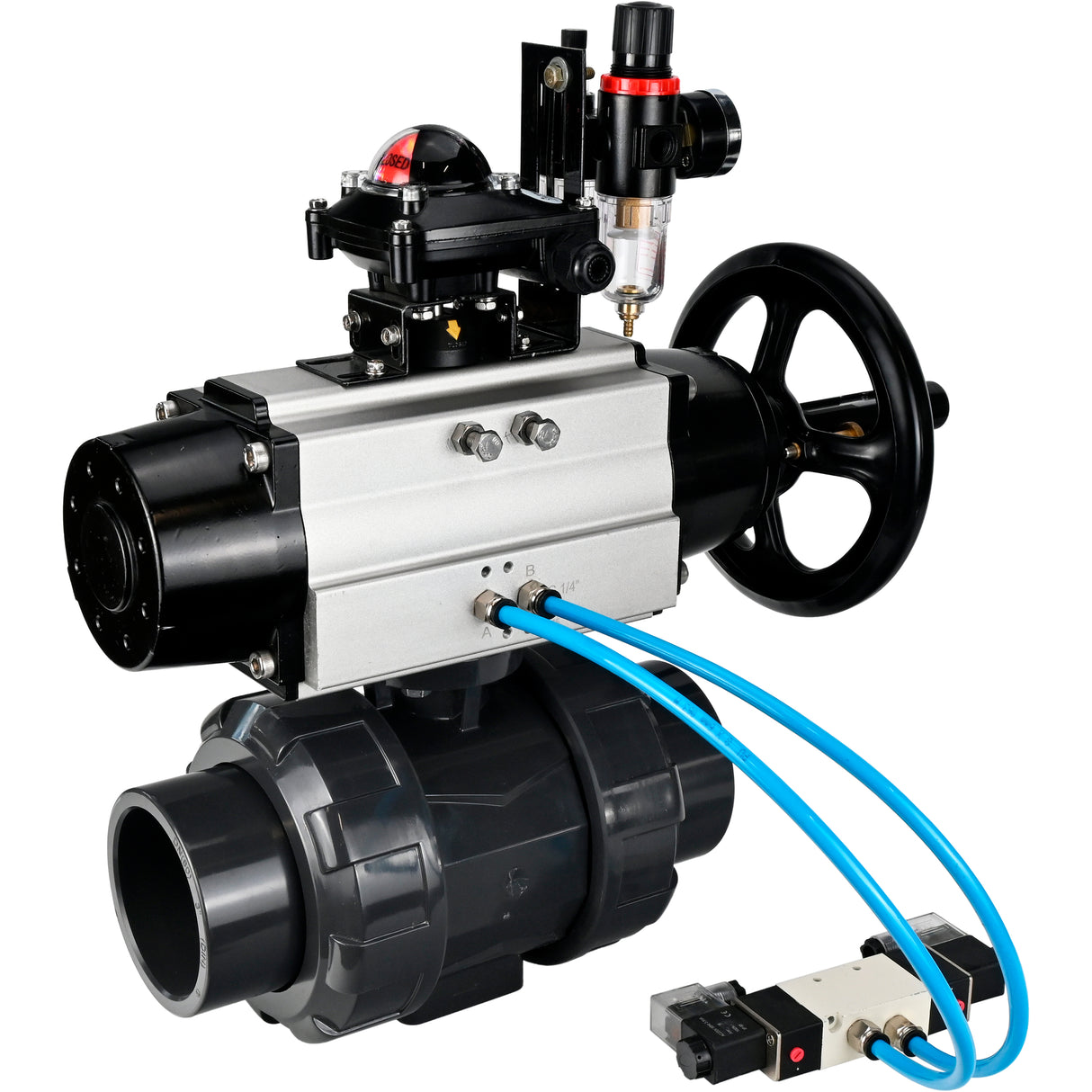 Ball valves Elephant BV4242E-FP-GRM-ISO, body material - UPVC, ball material - UPVC, seal - EPDM, with pneumatic actuator double action PA-DA-105-1, pneumatic distributor 4V320-10 220V, LSU APL-210N and ATU AFC2000