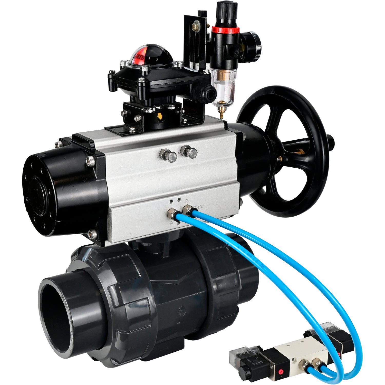 Ball valves Elephant BV4242E-FP-GRM-ISO, body material - UPVC, ball material - UPVC, seal - EPDM, with pneumatic actuator double action PA-DA-105-1, pneumatic distributor 4V320-10 220V, LSU APL-210N and ATU AFC2000