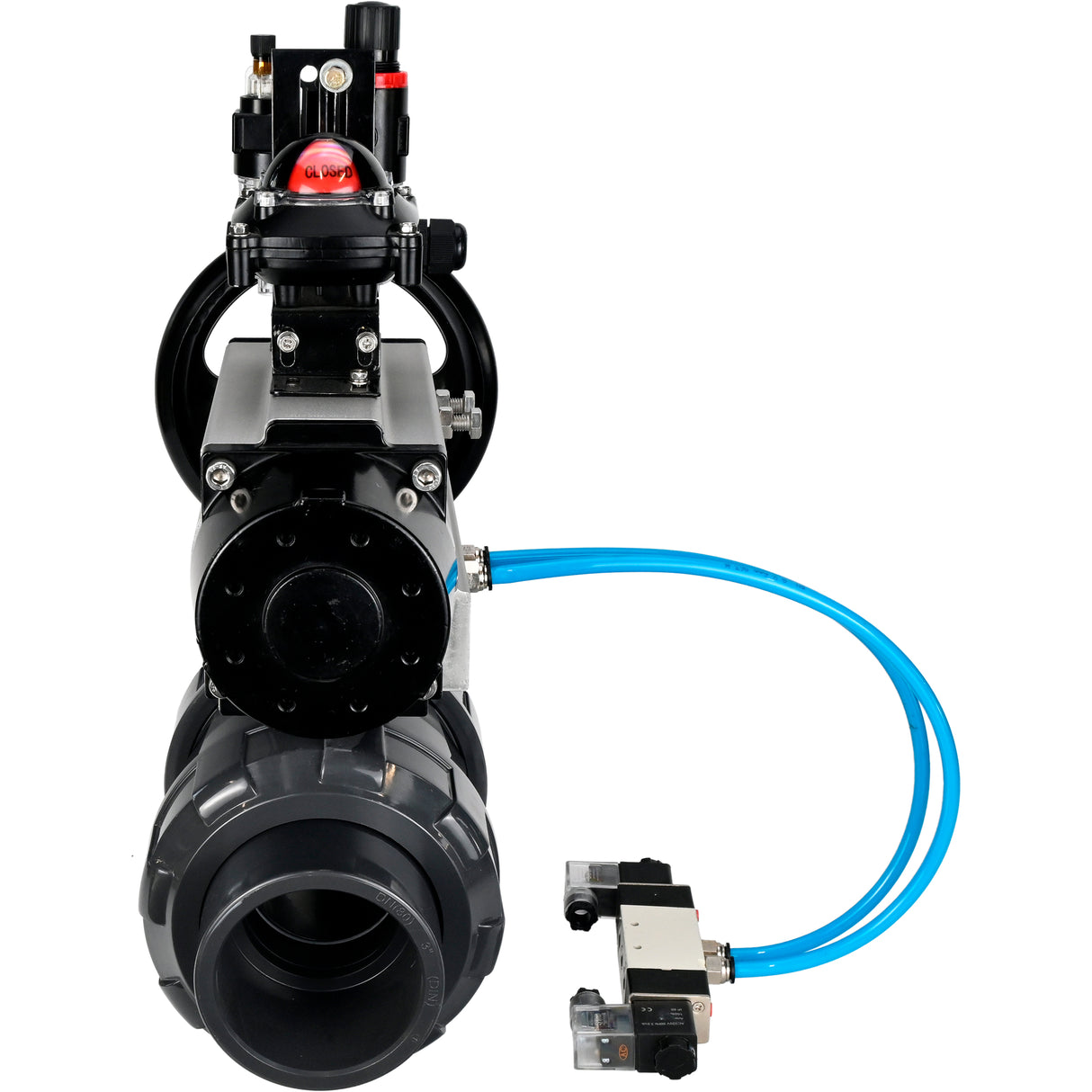 Ball valves Elephant BV4242E-FP-GRM-ISO, body material - UPVC, ball material - UPVC, seal - EPDM, with pneumatic actuator double action PA-DA-105-1, pneumatic distributor 4V320-10 220V, LSU APL-210N and ATU AFC2000