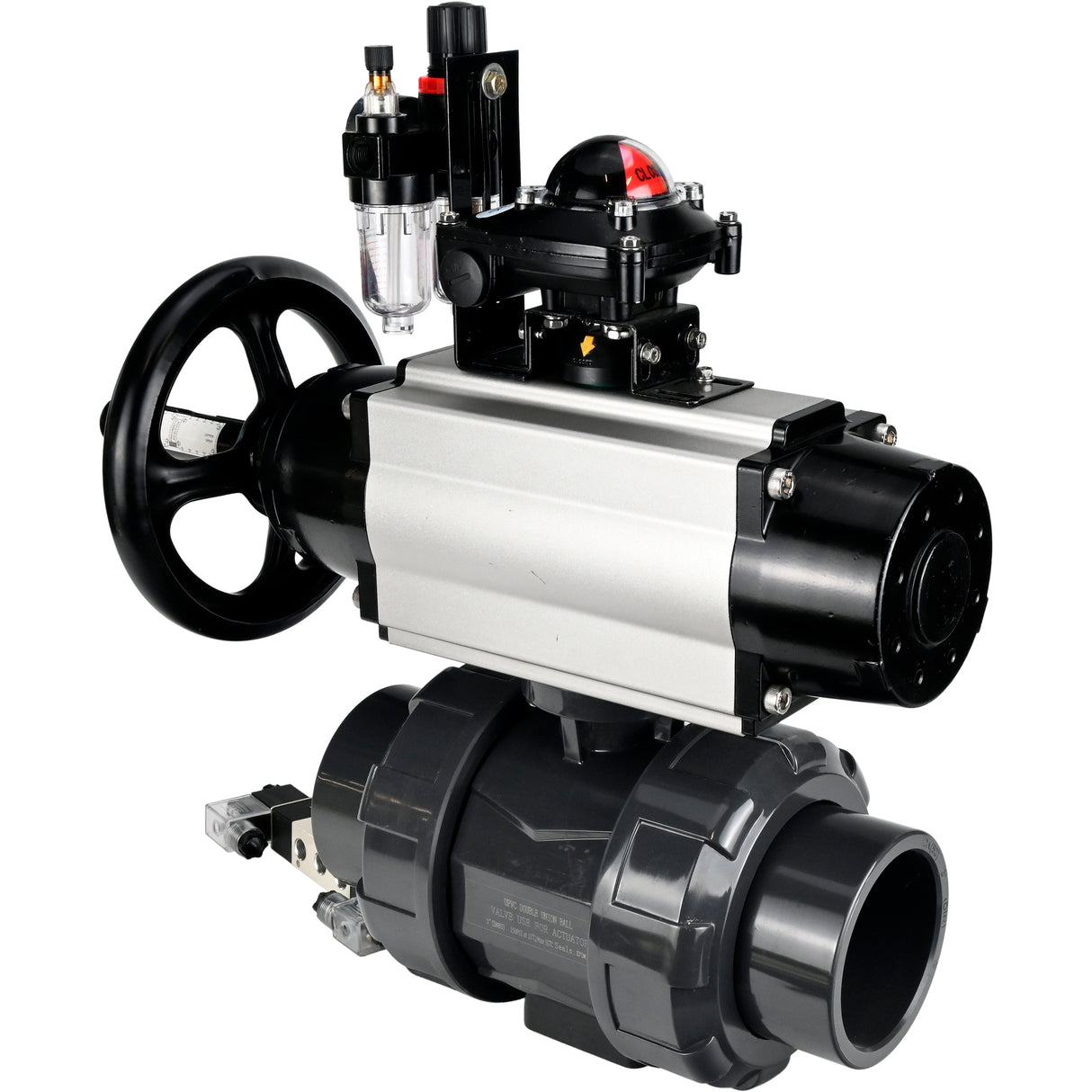 Ball valves Elephant BV4242E-FP-GRM-ISO, body material - UPVC, ball material - UPVC, seal - EPDM, with pneumatic actuator double action PA-DA-105-1, pneumatic distributor 4V320-10 220V, LSU APL-210N and ATU AFC2000