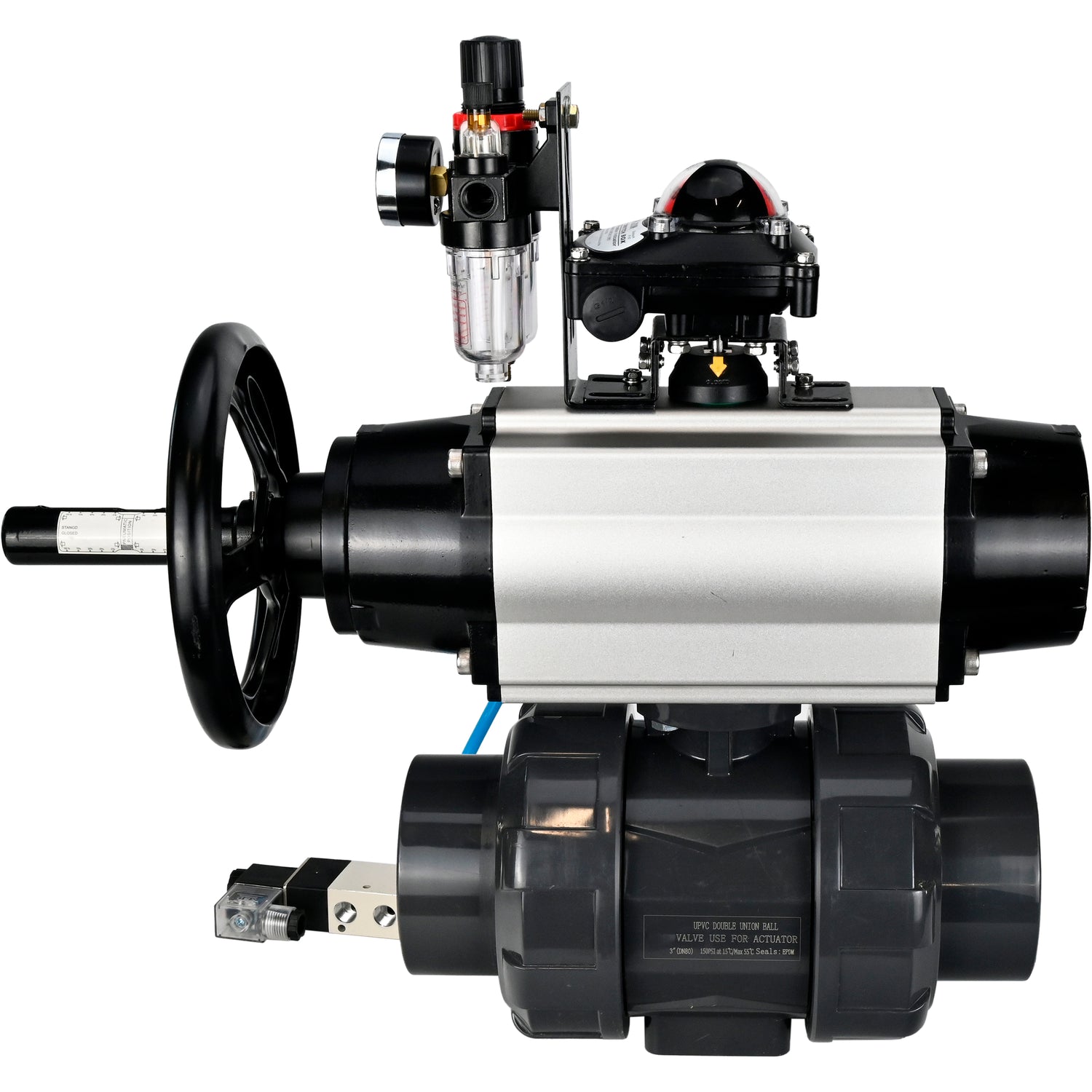 Ball valves Elephant BV4242E-FP-GRM-ISO, body material - UPVC, ball material - UPVC, seal - EPDM, with pneumatic actuator double action PA-DA-105-1, pneumatic distributor 4V320-10 220V, LSU APL-210N and ATU AFC2000