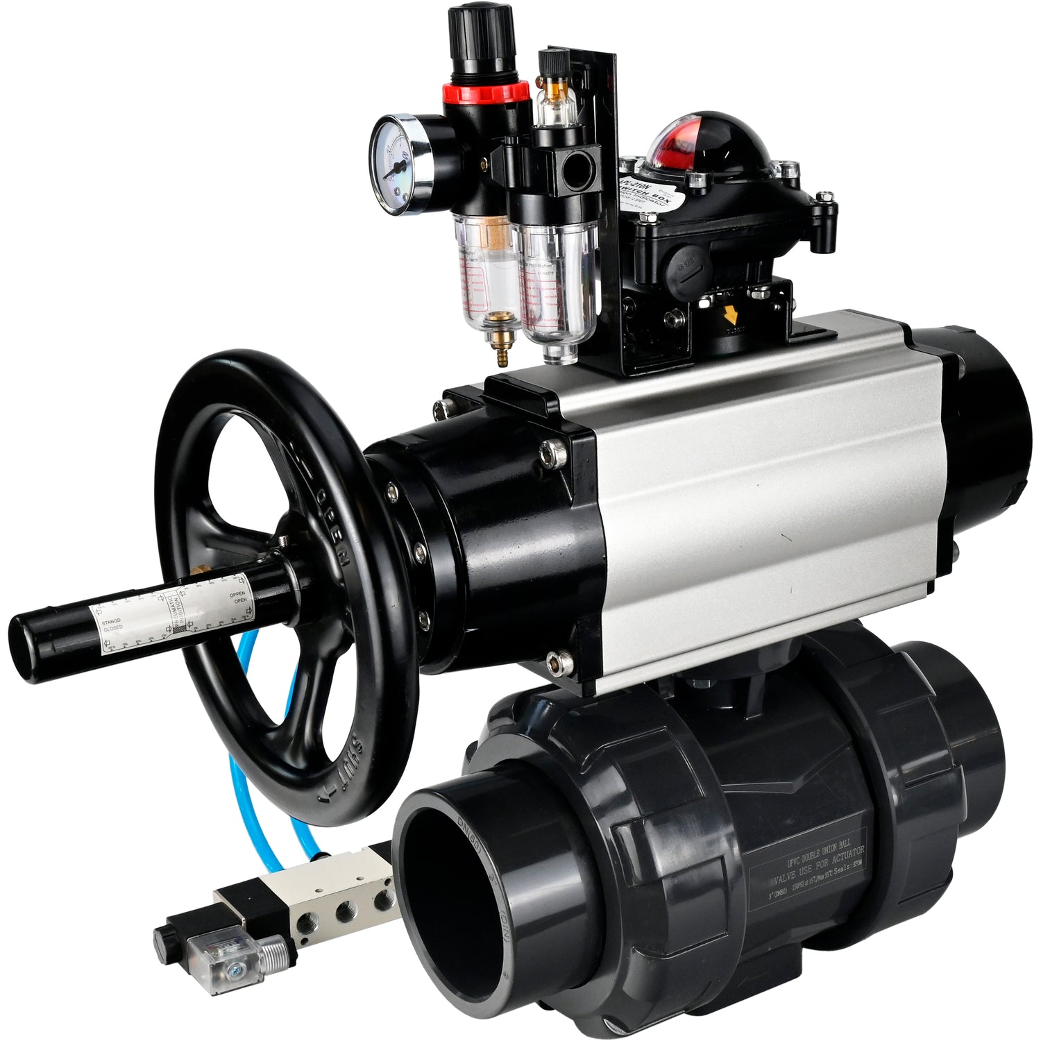 Ball valves Elephant BV4242E-FP-GRM-ISO, body material - UPVC, ball material - UPVC, seal - EPDM, with pneumatic actuator double action PA-DA-105-1, pneumatic distributor 4V320-10 220V, LSU APL-210N and ATU AFC2000