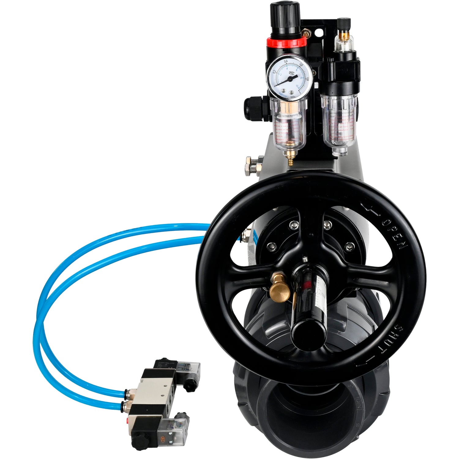 Ball valves Elephant BV4242E-FP-GRM-ISO, body material - UPVC, ball material - UPVC, seal - EPDM, with pneumatic actuator double action PA-DA-105-1, pneumatic distributor 4V320-10 220V, LSU APL-210N and ATU AFC2000
