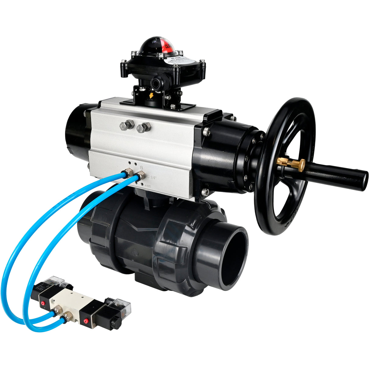Ball valves Elephant BV4242E-FP-GRM-ISO, body material - UPVC, ball material - UPVC, seal - EPDM, with pneumatic actuator double action PA-DA-105-1, pneumatic distributor 4V320-10 220V and LSU APL-210N