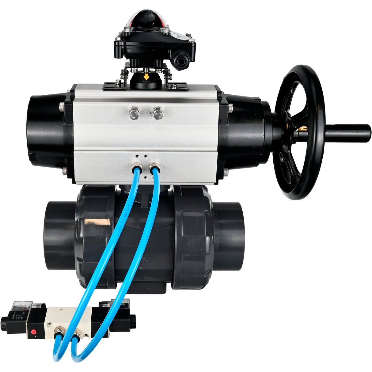 Ball valves Elephant BV4242E-FP-GRM-ISO, body material - UPVC, ball material - UPVC, seal - EPDM, with pneumatic actuator double action PA-DA-105-1, pneumatic distributor 4V320-10 220V and LSU APL-210N
