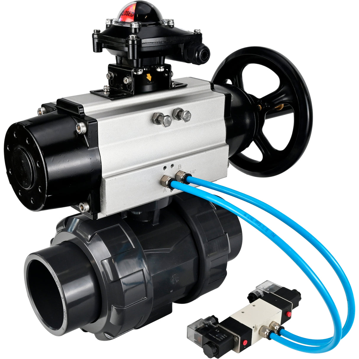 Ball valves Elephant BV4242E-FP-GRM-ISO, body material - UPVC, ball material - UPVC, seal - EPDM, with pneumatic actuator double action PA-DA-105-1, pneumatic distributor 4V320-10 220V and LSU APL-210N