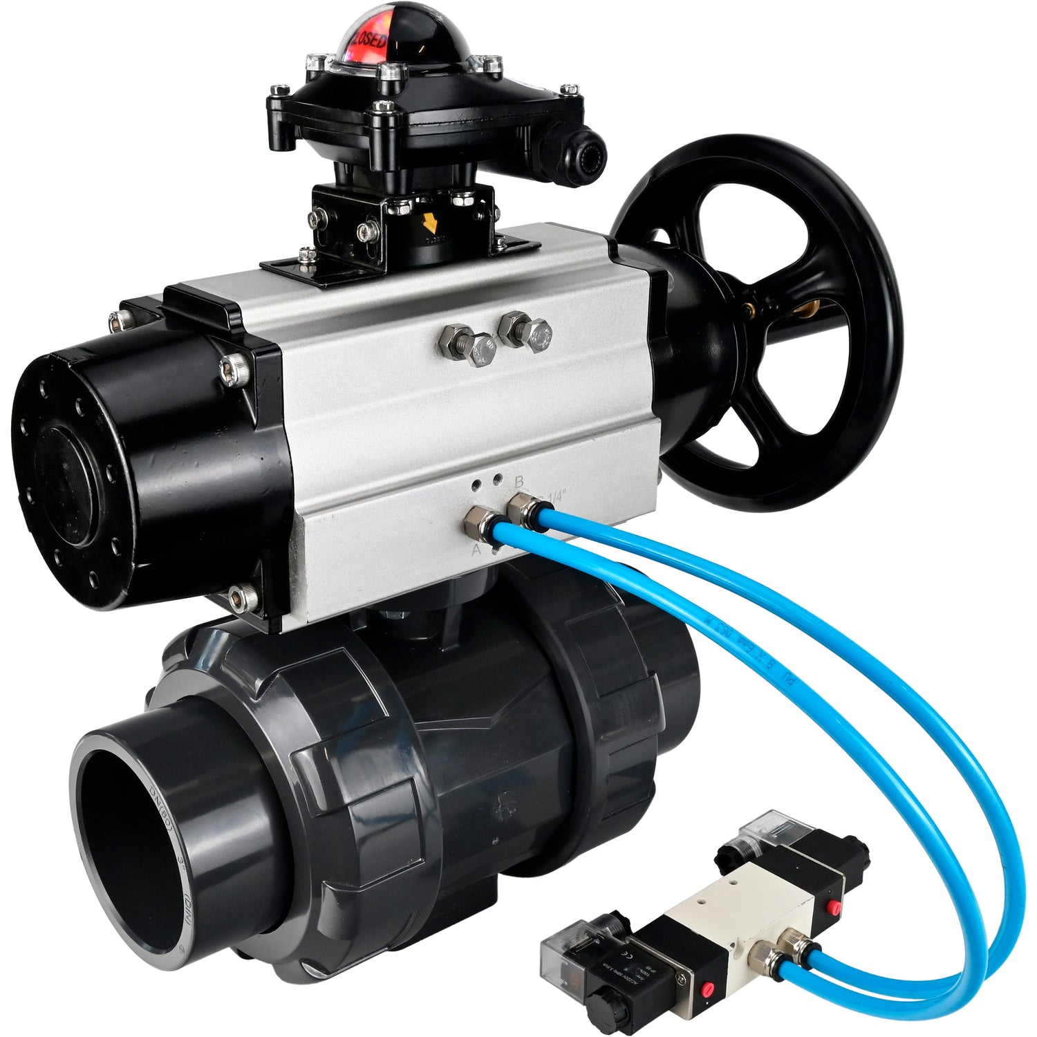 Ball valves Elephant BV4242E-FP-GRM-ISO, body material - UPVC, ball material - UPVC, seal - EPDM, with pneumatic actuator double action PA-DA-105-1, pneumatic distributor 4V320-10 220V and LSU APL-210N