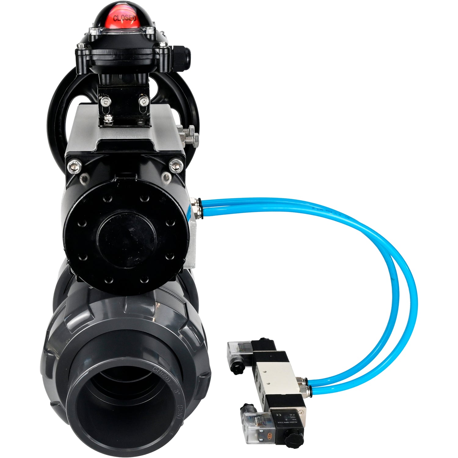 Ball valves Elephant BV4242E-FP-GRM-ISO, body material - UPVC, ball material - UPVC, seal - EPDM, with pneumatic actuator double action PA-DA-105-1, pneumatic distributor 4V320-10 220V and LSU APL-210N