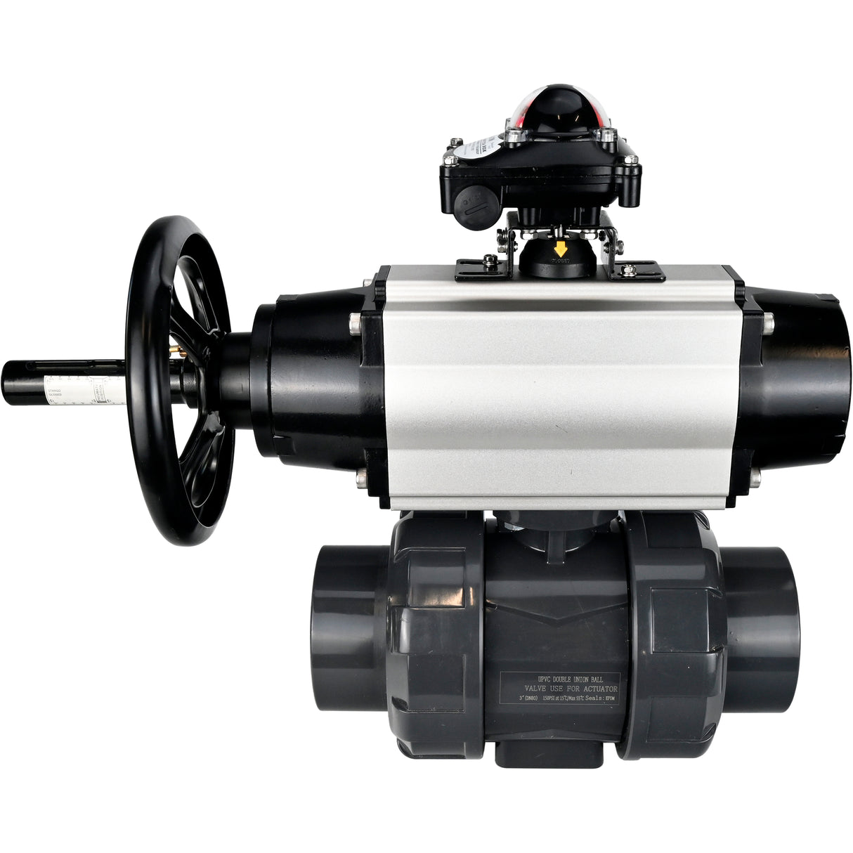 Ball valves Elephant BV4242E-FP-GRM-ISO, body material - UPVC, ball material - UPVC, seal - EPDM, with pneumatic actuator double action PA-DA-105-1, pneumatic distributor 4V320-10 220V and LSU APL-210N