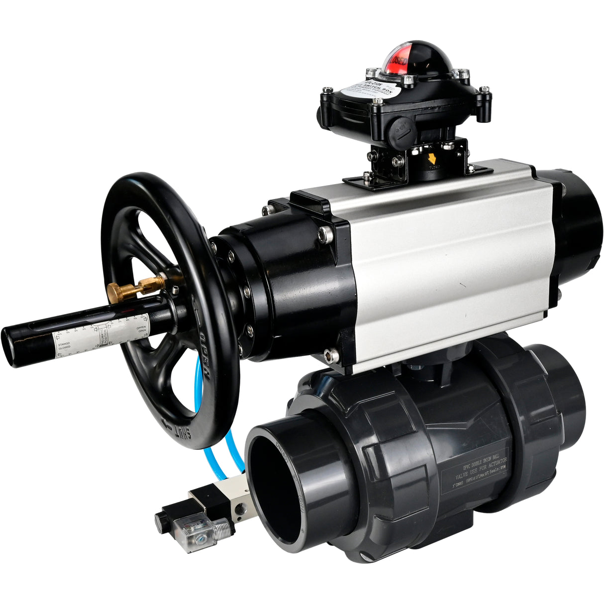 Ball valves Elephant BV4242E-FP-GRM-ISO, body material - UPVC, ball material - UPVC, seal - EPDM, with pneumatic actuator double action PA-DA-105-1, pneumatic distributor 4V320-10 220V and LSU APL-210N