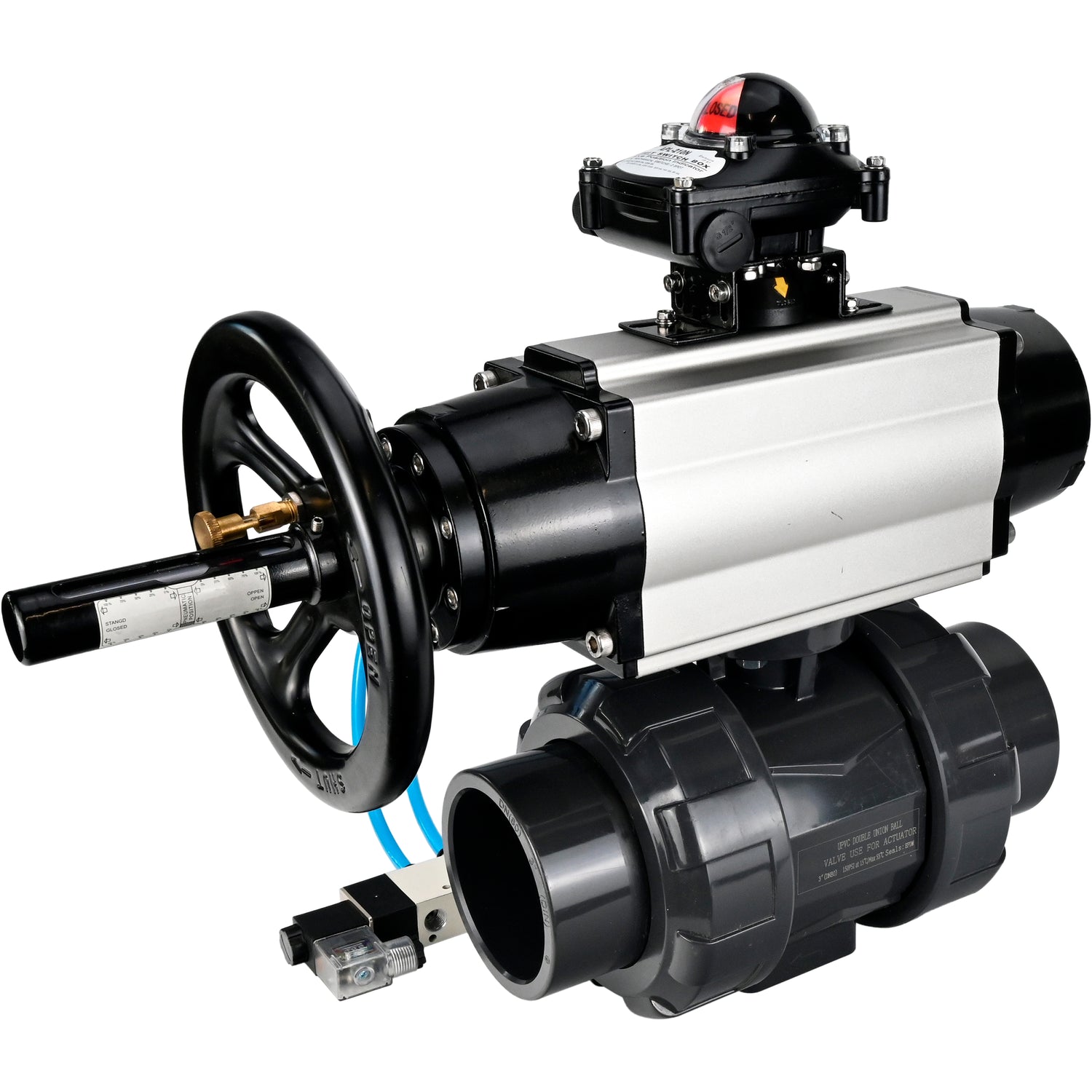 Ball valves Elephant BV4242E-FP-GRM-ISO, body material - UPVC, ball material - UPVC, seal - EPDM, with pneumatic actuator double action PA-DA-105-1, pneumatic distributor 4V320-10 220V and LSU APL-210N