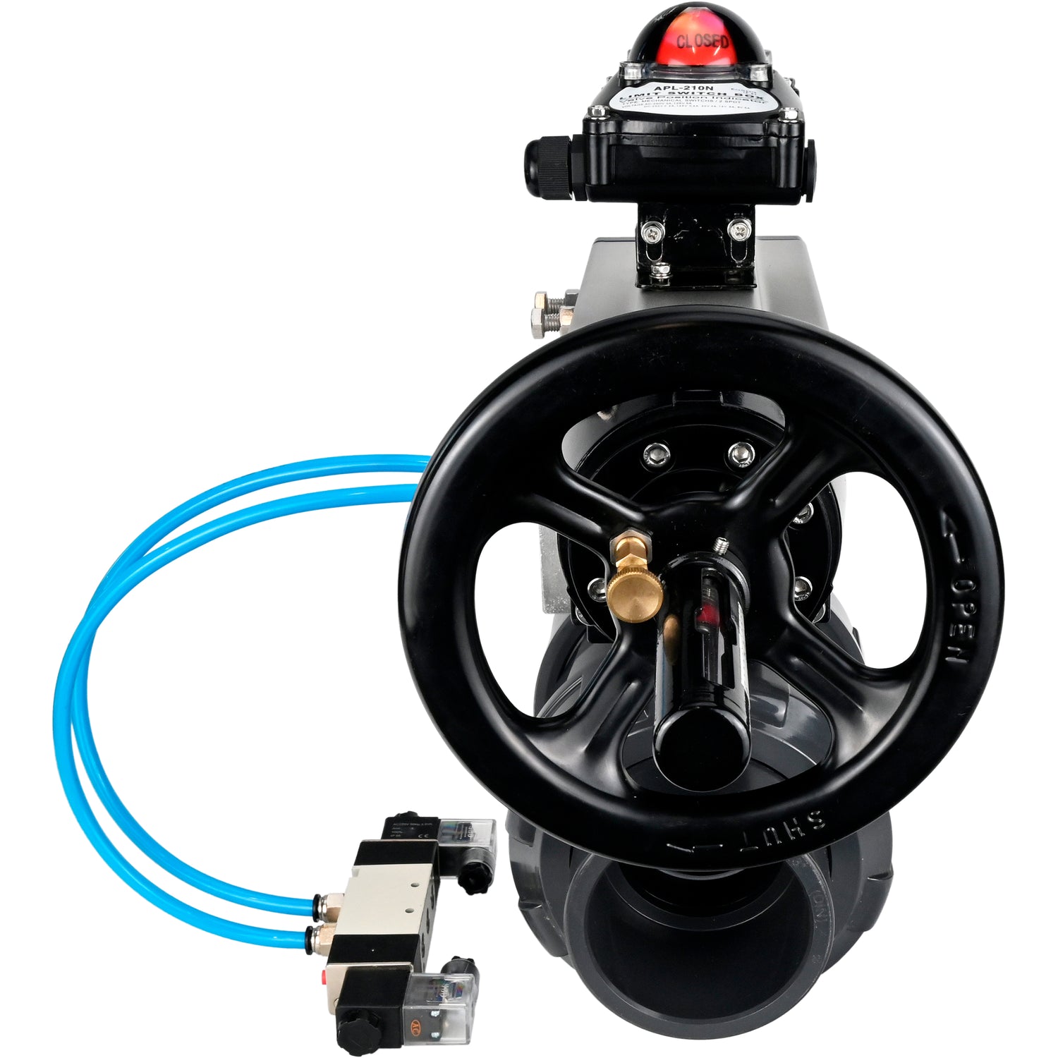 Ball valves Elephant BV4242E-FP-GRM-ISO, body material - UPVC, ball material - UPVC, seal - EPDM, with pneumatic actuator double action PA-DA-105-1, pneumatic distributor 4V320-10 220V and LSU APL-210N