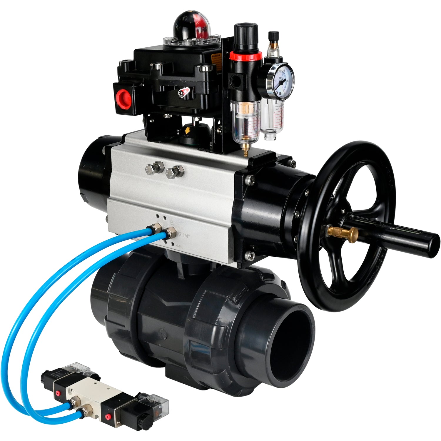 Ball valves Elephant BV4242E-FP-GRM-ISO, body material - UPVC, ball material - UPVC, seal - EPDM, with pneumatic actuator double action PA-DA-105-1, pneumatic distributor 4V320-10 220V, LSU APL-410N EX and ATU AFC2000