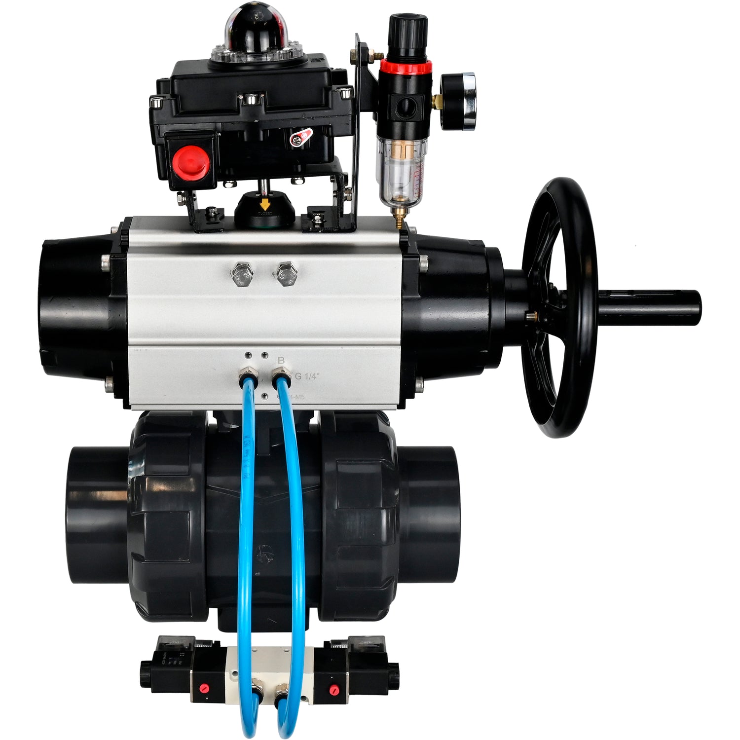 Ball valves Elephant BV4242E-FP-GRM-ISO, body material - UPVC, ball material - UPVC, seal - EPDM, with pneumatic actuator double action PA-DA-105-1, pneumatic distributor 4V320-10 220V, LSU APL-410N EX and ATU AFC2000