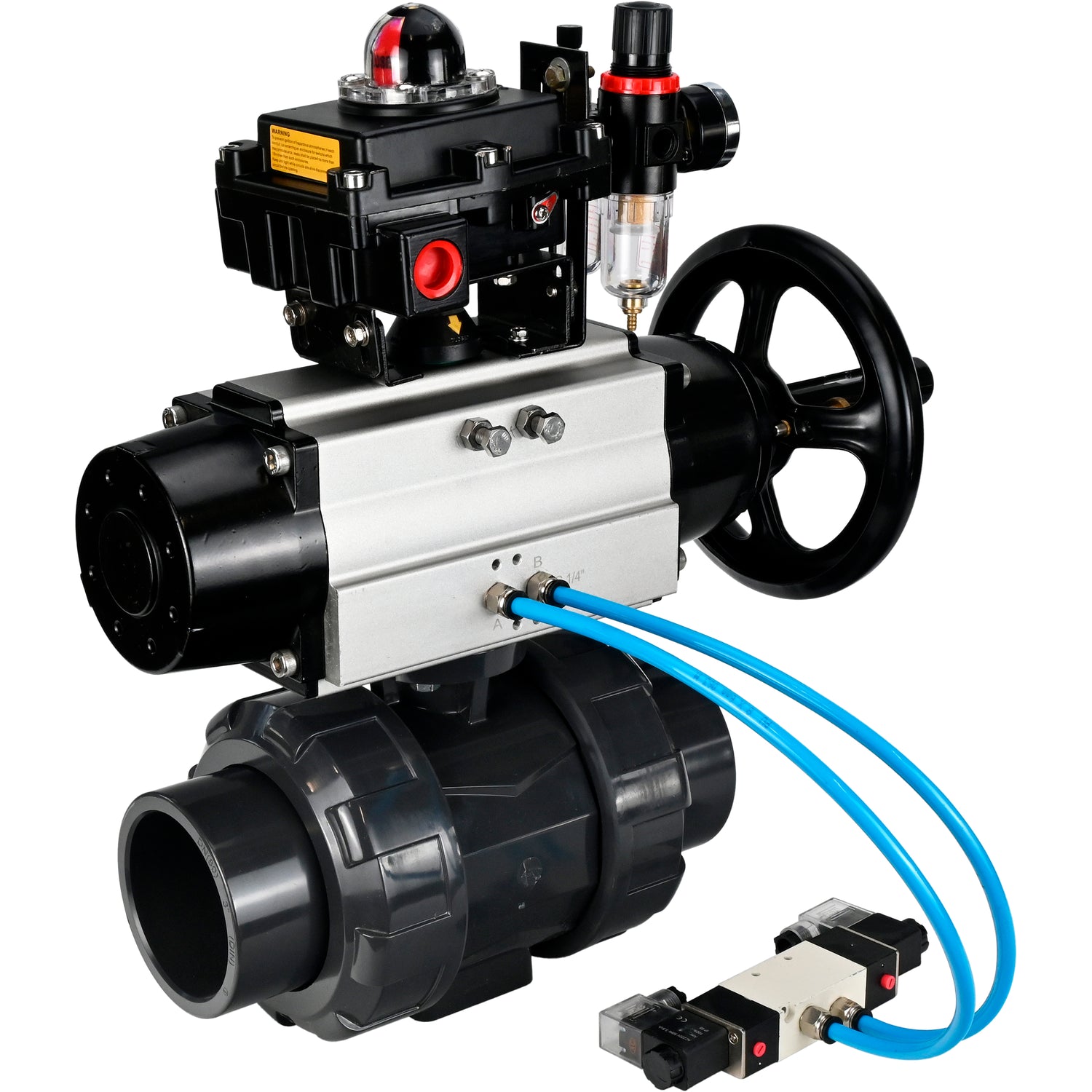 Ball valves Elephant BV4242E-FP-GRM-ISO, body material - UPVC, ball material - UPVC, seal - EPDM, with pneumatic actuator double action PA-DA-105-1, pneumatic distributor 4V320-10 220V, LSU APL-410N EX and ATU AFC2000