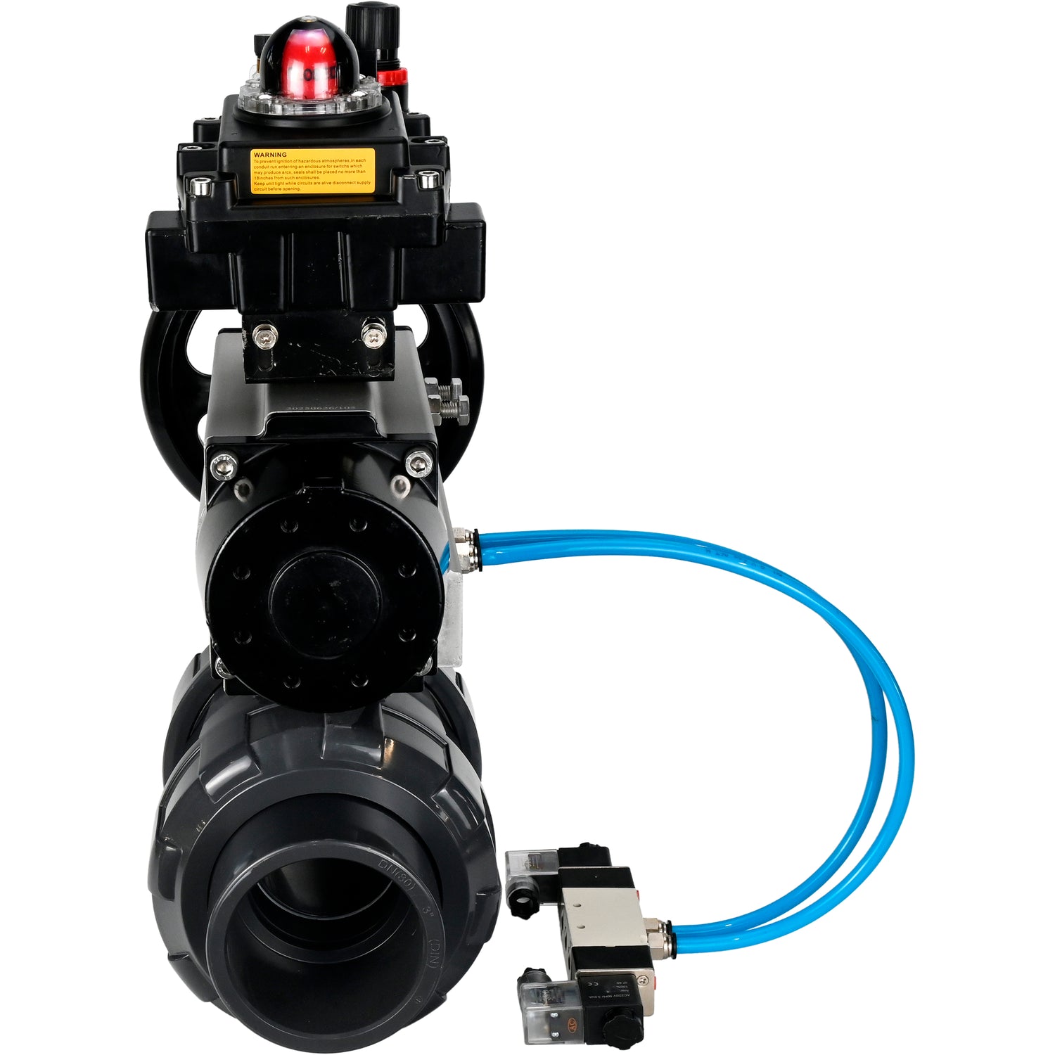 Ball valves Elephant BV4242E-FP-GRM-ISO, body material - UPVC, ball material - UPVC, seal - EPDM, with pneumatic actuator double action PA-DA-105-1, pneumatic distributor 4V320-10 220V, LSU APL-410N EX and ATU AFC2000