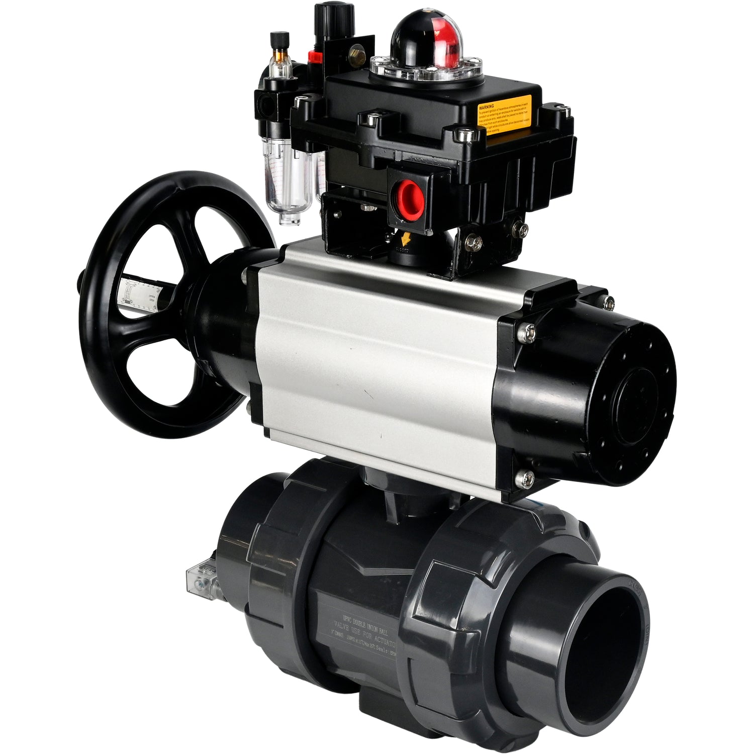 Ball valves Elephant BV4242E-FP-GRM-ISO, body material - UPVC, ball material - UPVC, seal - EPDM, with pneumatic actuator double action PA-DA-105-1, pneumatic distributor 4V320-10 220V, LSU APL-410N EX and ATU AFC2000