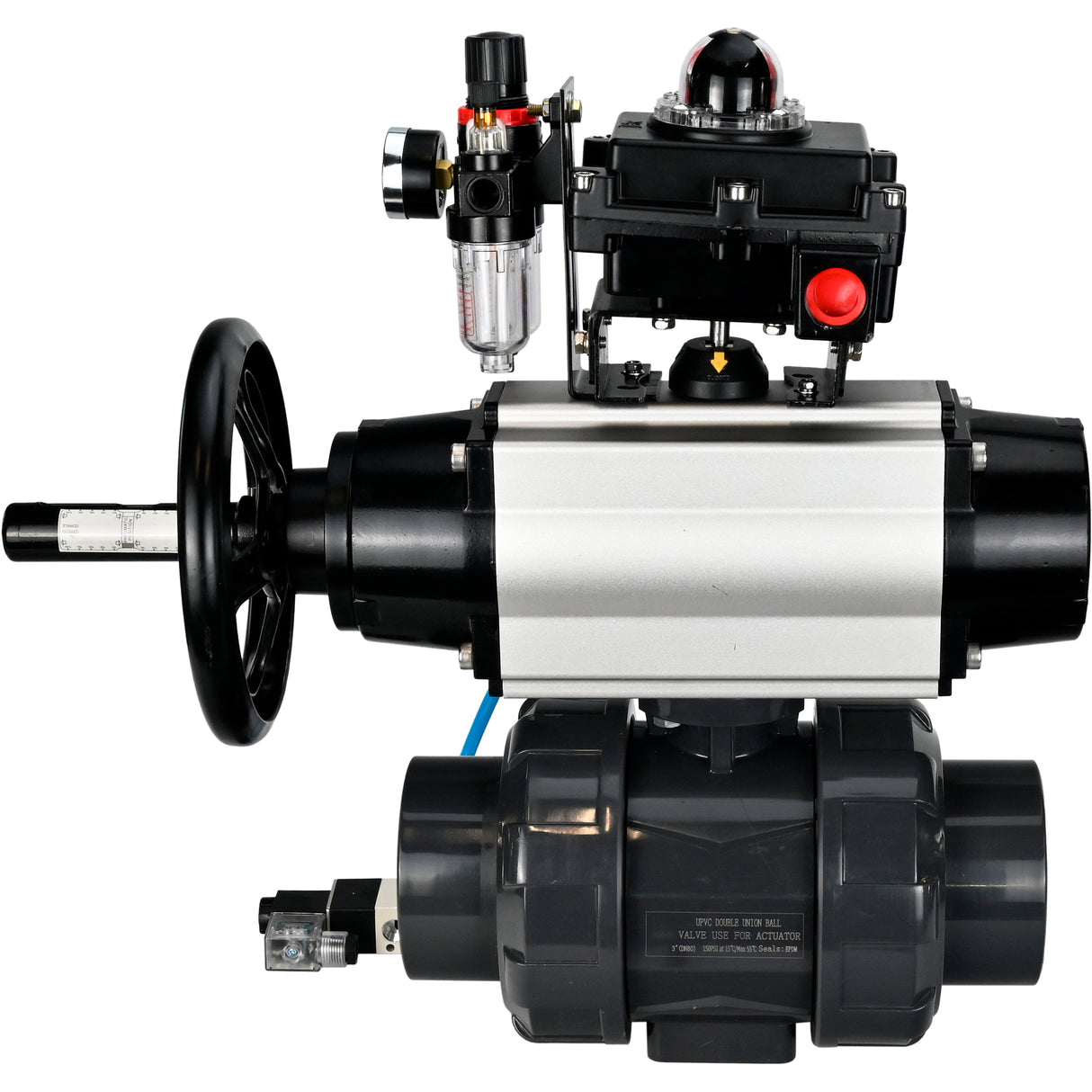 Ball valves Elephant BV4242E-FP-GRM-ISO, body material - UPVC, ball material - UPVC, seal - EPDM, with pneumatic actuator double action PA-DA-105-1, pneumatic distributor 4V320-10 220V, LSU APL-410N EX and ATU AFC2000