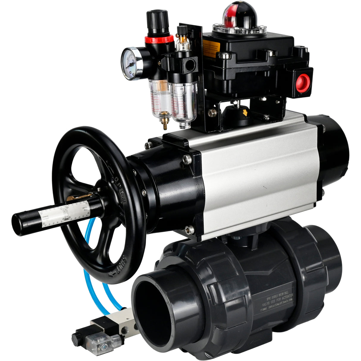 Ball valves Elephant BV4242E-FP-GRM-ISO, body material - UPVC, ball material - UPVC, seal - EPDM, with pneumatic actuator double action PA-DA-105-1, pneumatic distributor 4V320-10 220V, LSU APL-410N EX and ATU AFC2000