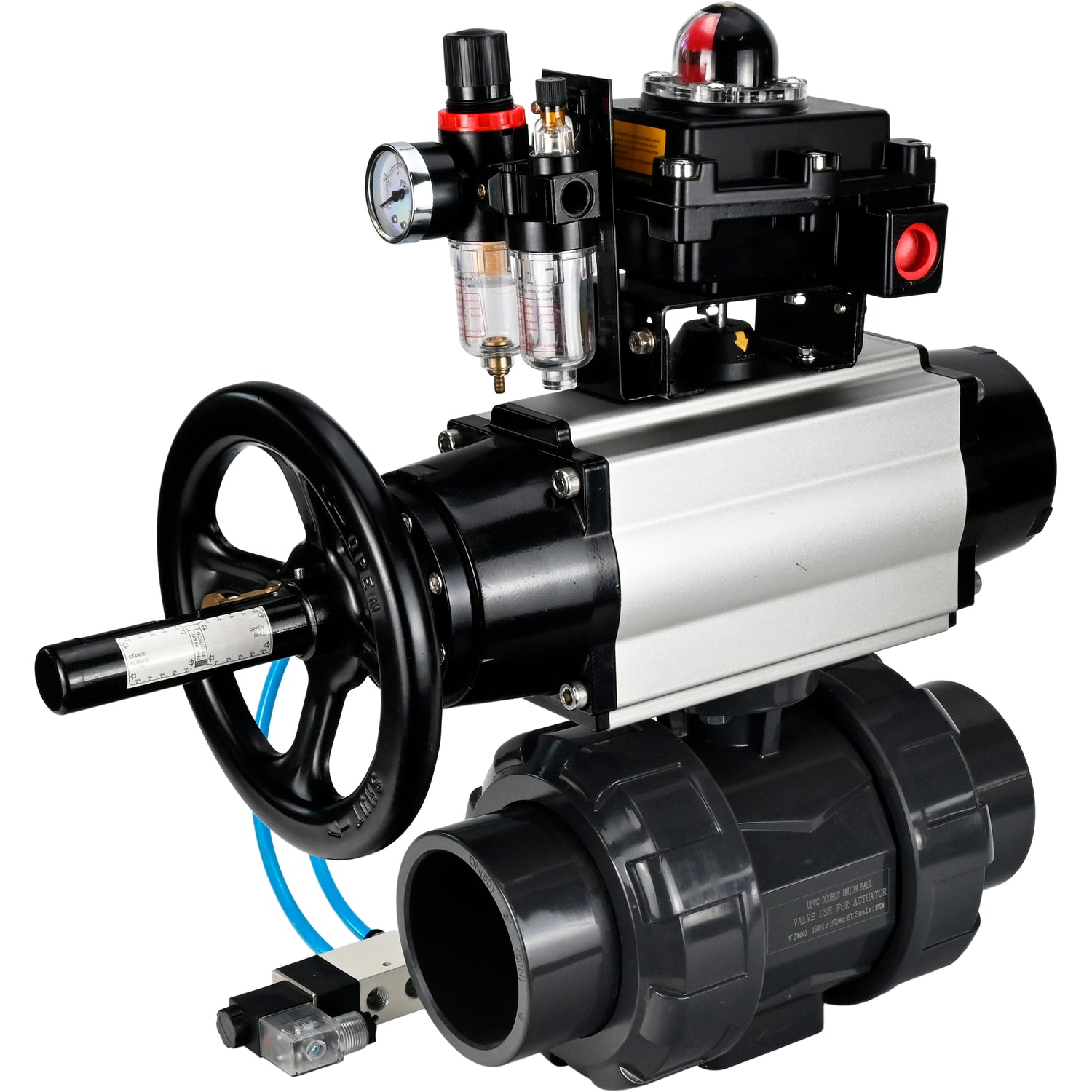 Ball valves Elephant BV4242E-FP-GRM-ISO, body material - UPVC, ball material - UPVC, seal - EPDM, with pneumatic actuator double action PA-DA-105-1, pneumatic distributor 4V320-10 220V, LSU APL-410N EX and ATU AFC2000