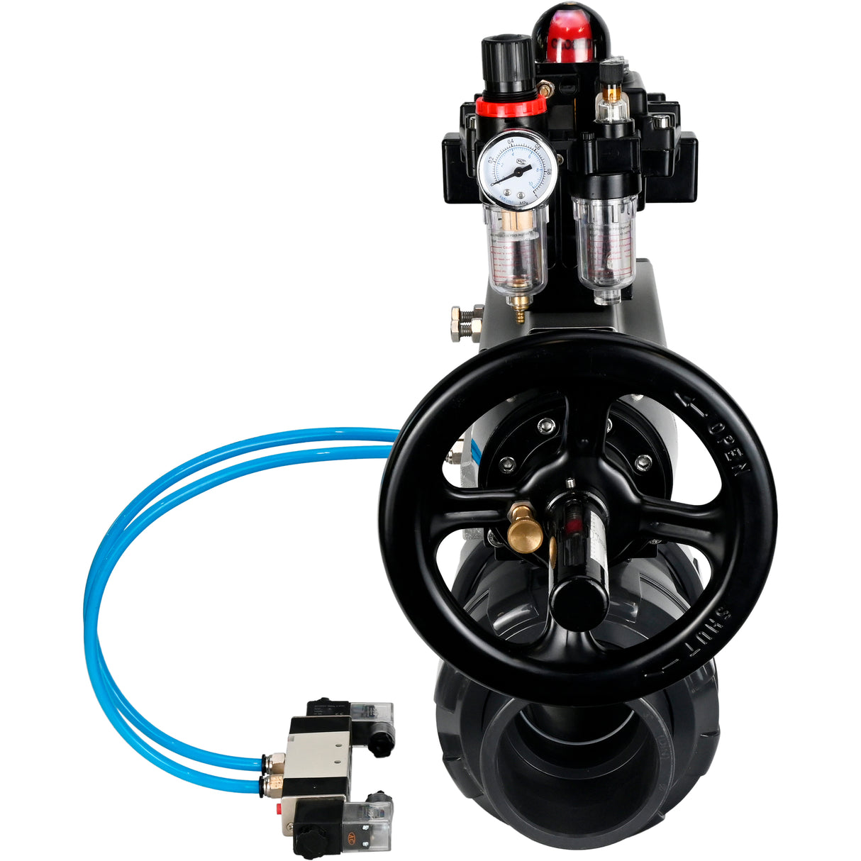 Ball valves Elephant BV4242E-FP-GRM-ISO, body material - UPVC, ball material - UPVC, seal - EPDM, with pneumatic actuator double action PA-DA-105-1, pneumatic distributor 4V320-10 220V, LSU APL-410N EX and ATU AFC2000