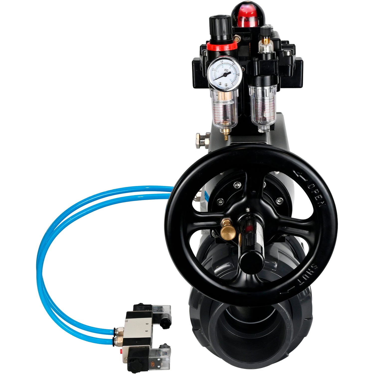 Ball valves Elephant BV4242E-FP-GRM-ISO, body material - UPVC, ball material - UPVC, seal - EPDM, with pneumatic actuator double action PA-DA-105-1, pneumatic distributor 4V320-10 220V, LSU APL-410N EX and ATU AFC2000