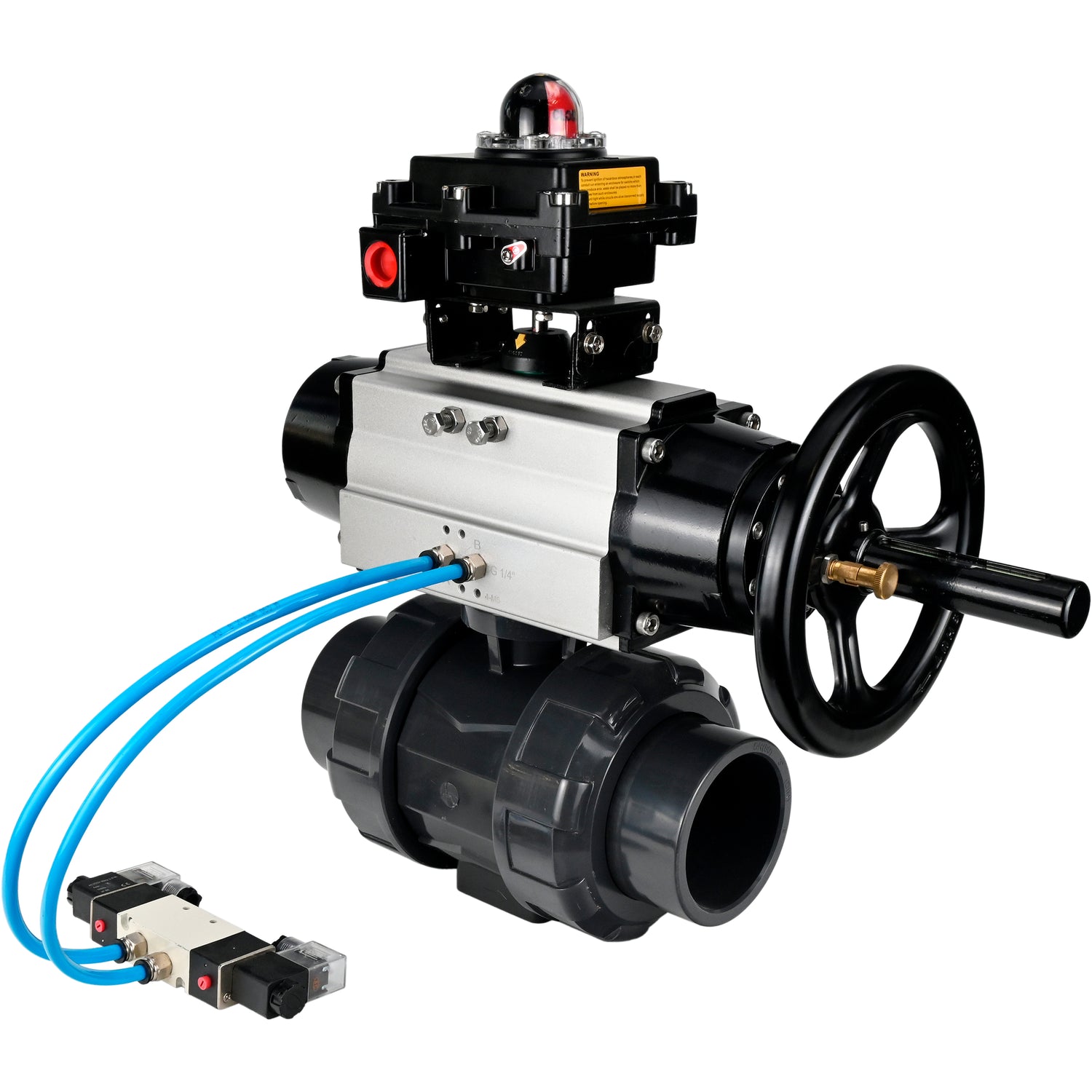 Ball valves Elephant BV4242E-FP-GRM-ISO, body material - UPVC, ball material - UPVC, seal - EPDM, with pneumatic actuator double action PA-DA-105-1, pneumatic distributor 4V320-10 220V and LSU APL-410N EX