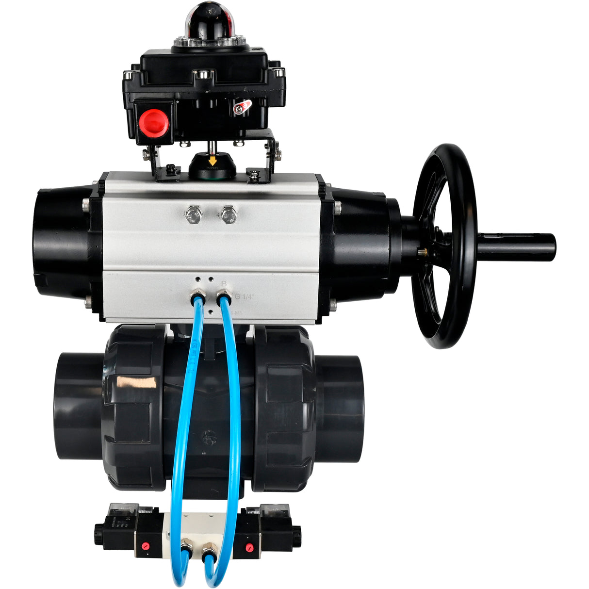 Ball valves Elephant BV4242E-FP-GRM-ISO, body material - UPVC, ball material - UPVC, seal - EPDM, with pneumatic actuator double action PA-DA-105-1, pneumatic distributor 4V320-10 220V and LSU APL-410N EX
