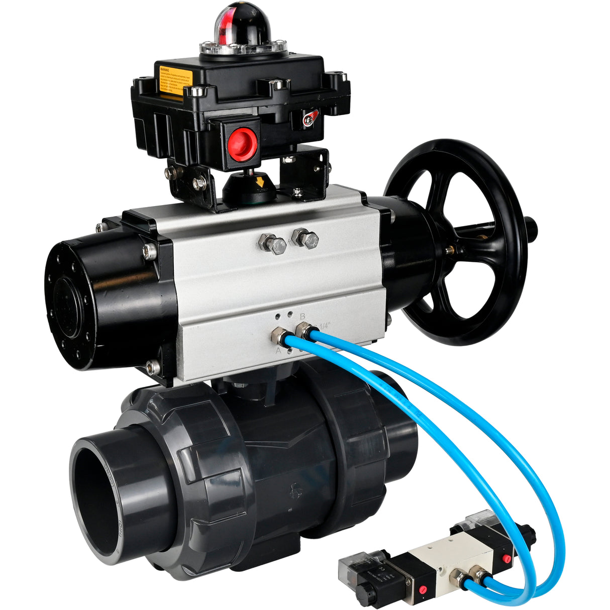Ball valves Elephant BV4242E-FP-GRM-ISO, body material - UPVC, ball material - UPVC, seal - EPDM, with pneumatic actuator double action PA-DA-105-1, pneumatic distributor 4V320-10 220V and LSU APL-410N EX