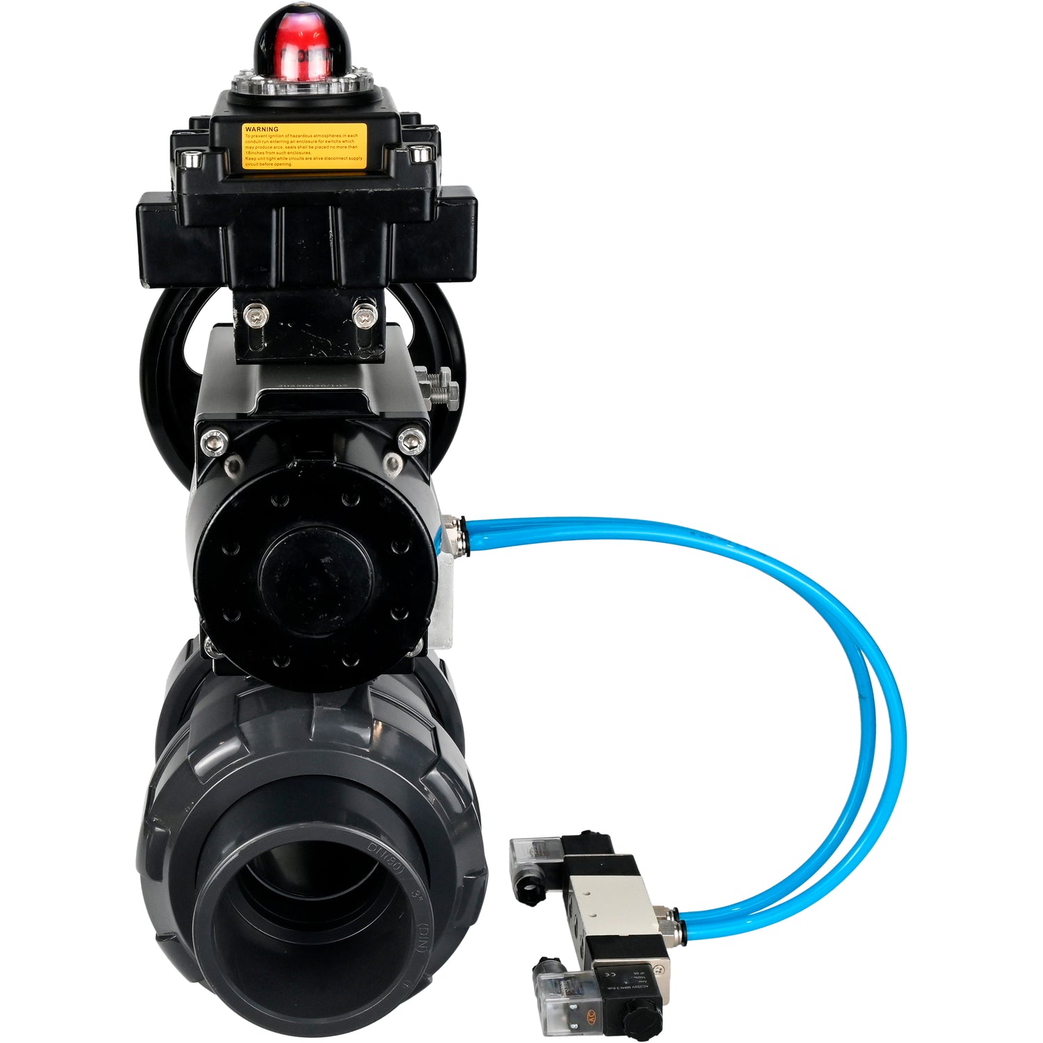 Ball valves Elephant BV4242E-FP-GRM-ISO, body material - UPVC, ball material - UPVC, seal - EPDM, with pneumatic actuator double action PA-DA-105-1, pneumatic distributor 4V320-10 220V and LSU APL-410N EX