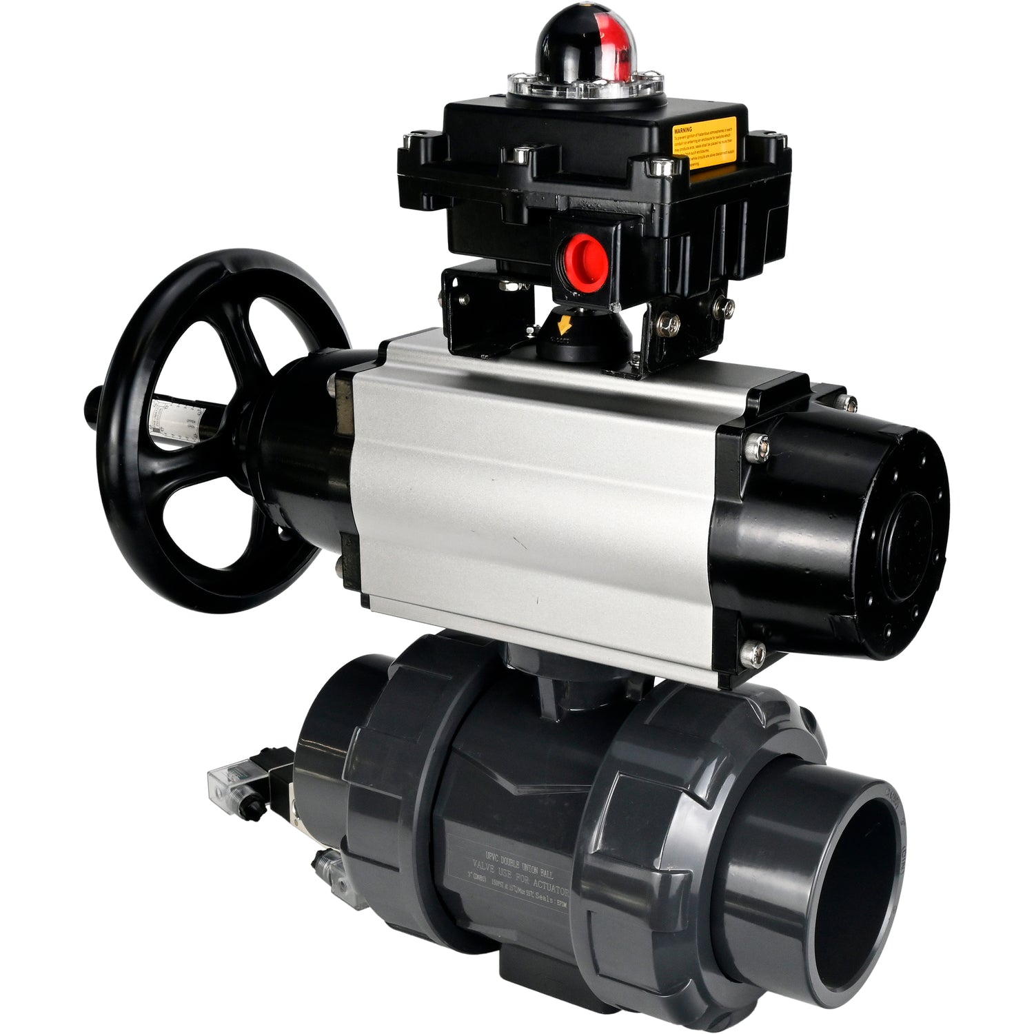 Ball valves Elephant BV4242E-FP-GRM-ISO, body material - UPVC, ball material - UPVC, seal - EPDM, with pneumatic actuator double action PA-DA-105-1, pneumatic distributor 4V320-10 220V and LSU APL-410N EX