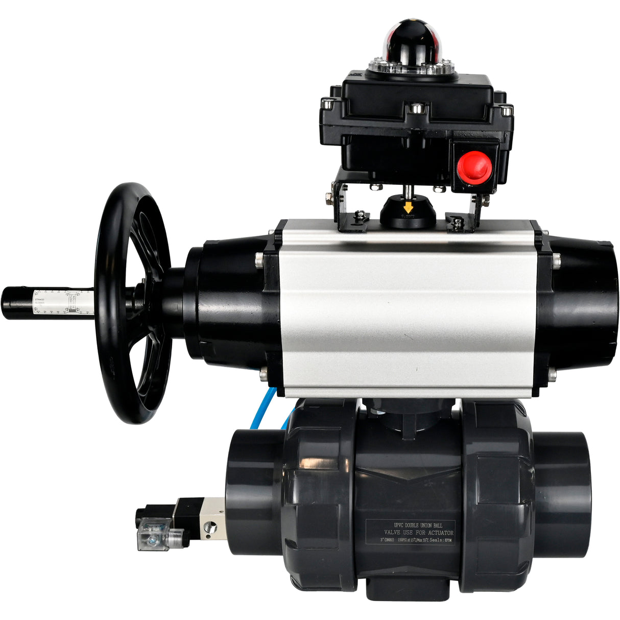 Ball valves Elephant BV4242E-FP-GRM-ISO, body material - UPVC, ball material - UPVC, seal - EPDM, with pneumatic actuator double action PA-DA-105-1, pneumatic distributor 4V320-10 220V and LSU APL-410N EX